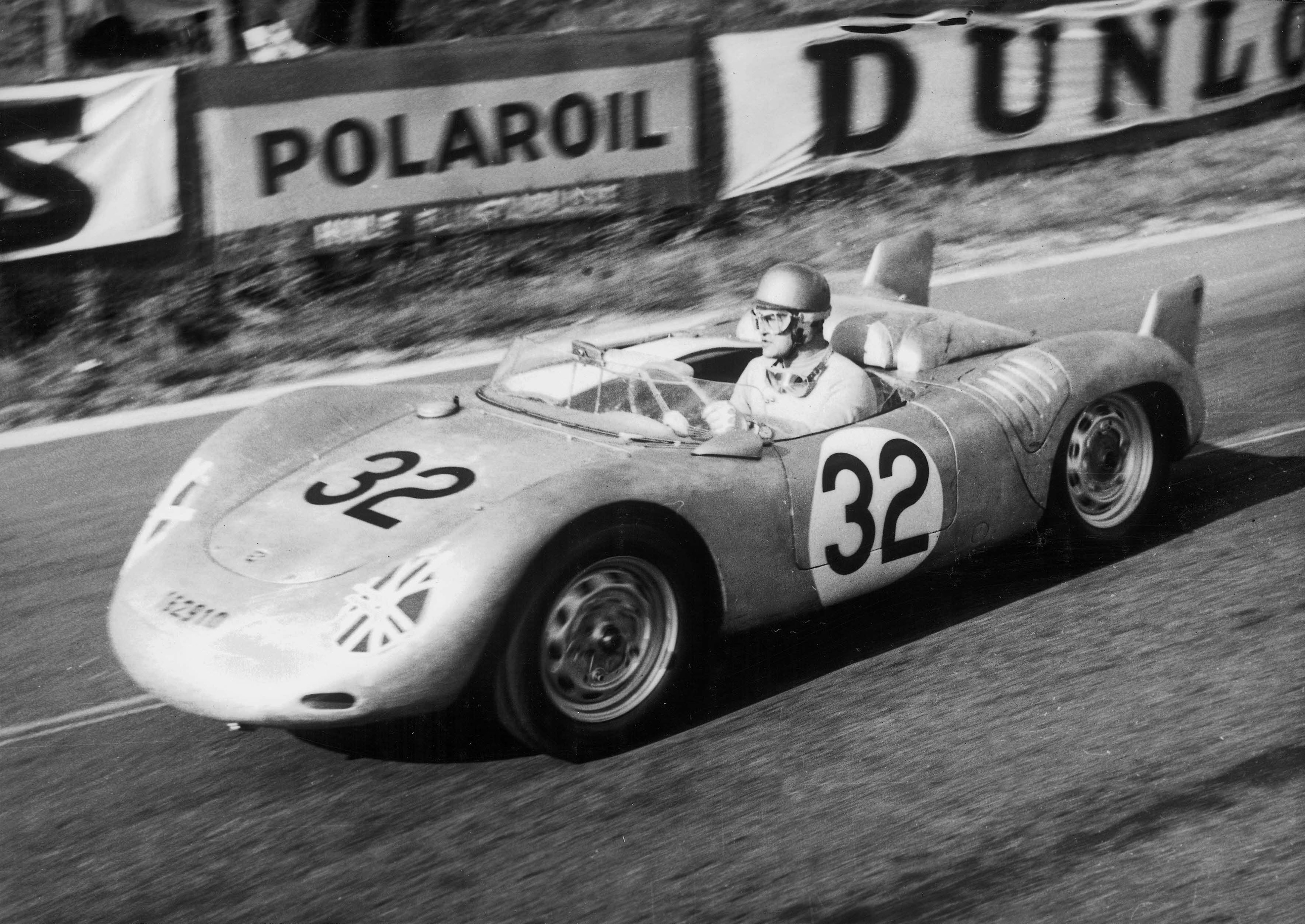 Black and white photo of 718 RSK at Le Mans