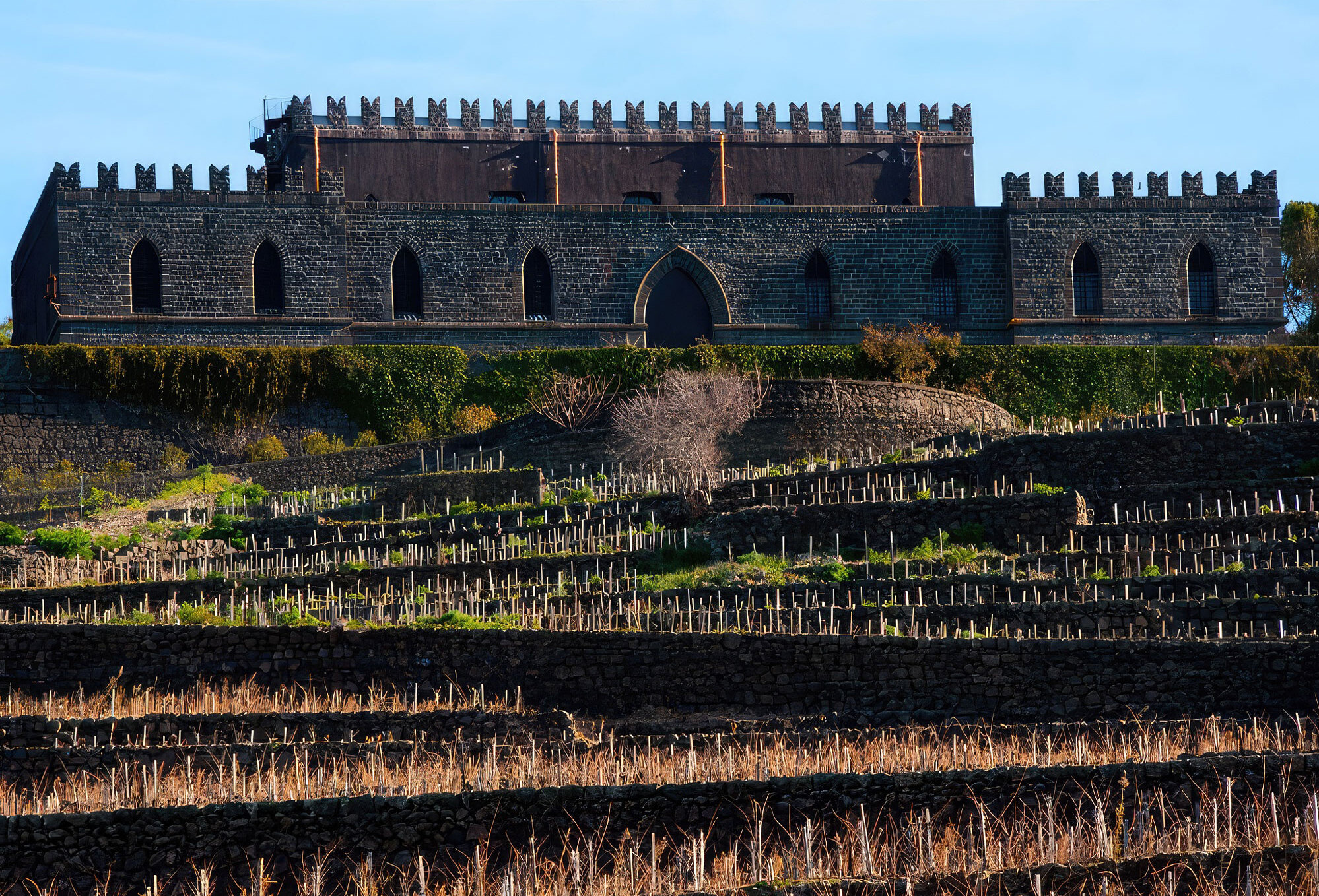 Sicilian castle on hilltop in front of terraced fields