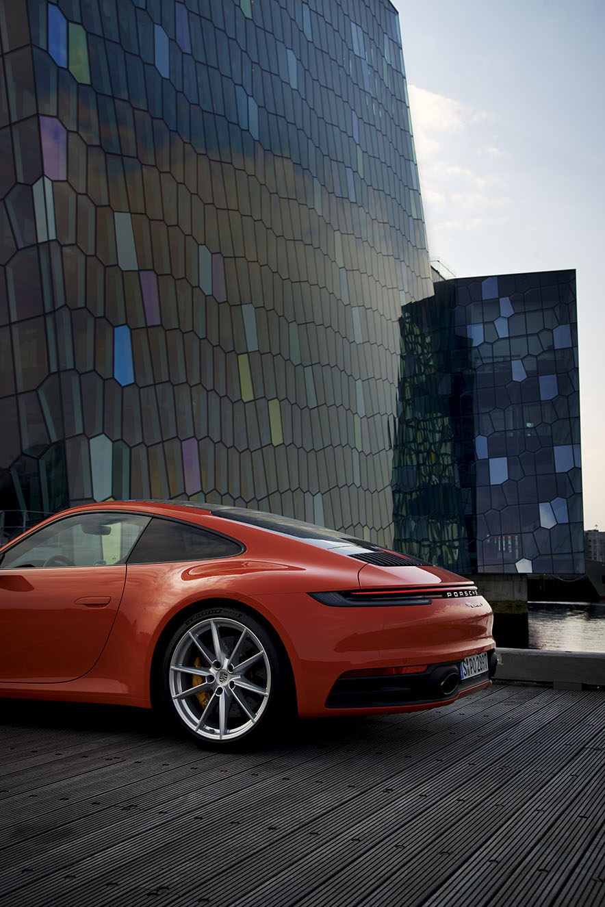 Perfect background for the eight 911s, lined up in front of the Harpa concert building