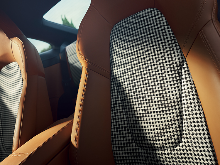 Close-up of Porsche Pepita fabric on car seat