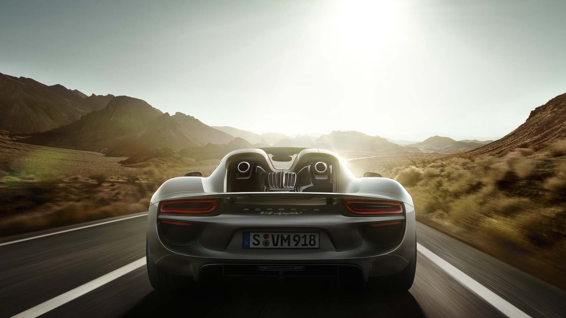 porsche 918 spyder parked rear view road wallpaper desktop
