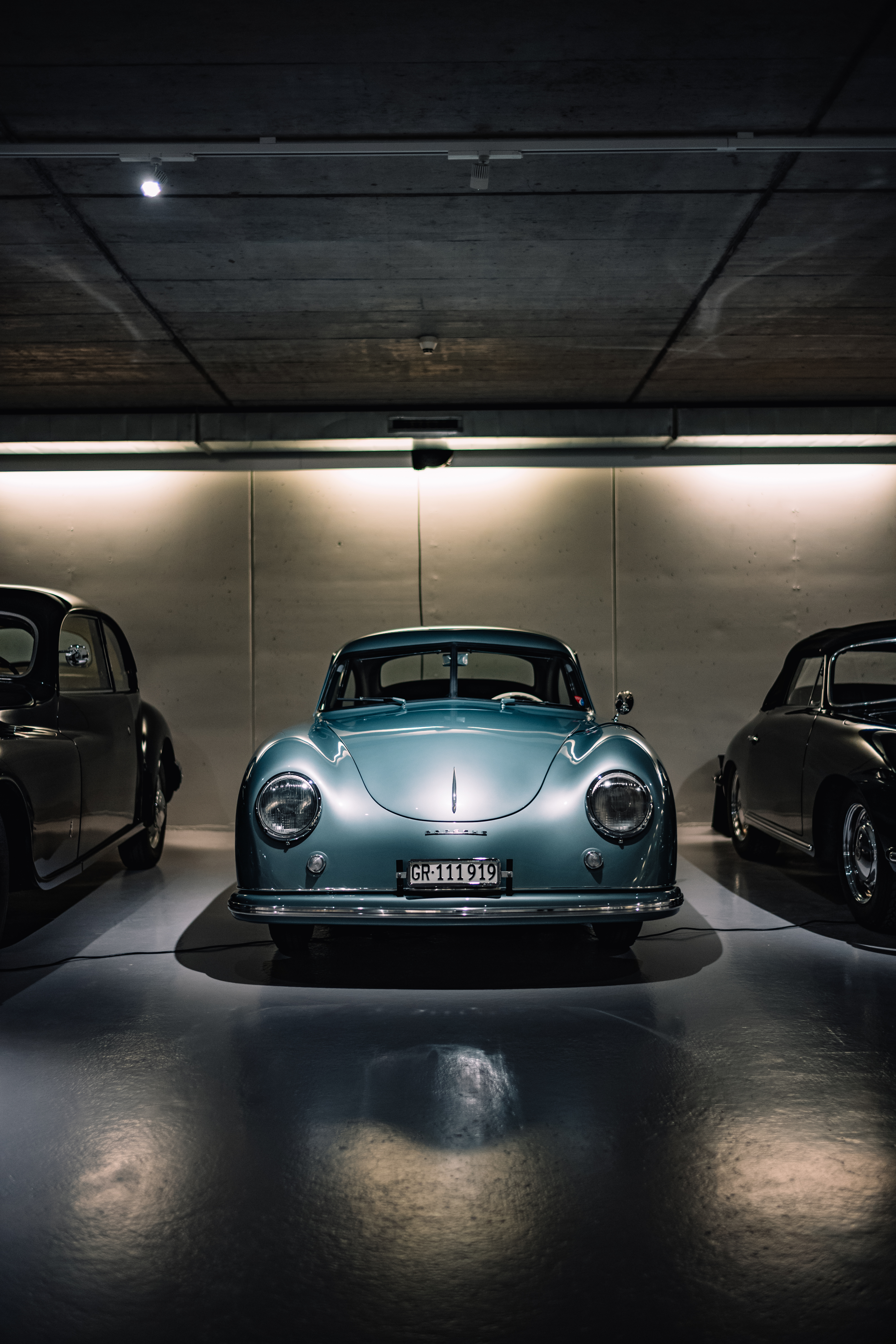 Pale blue Porsche 356 in underground car park