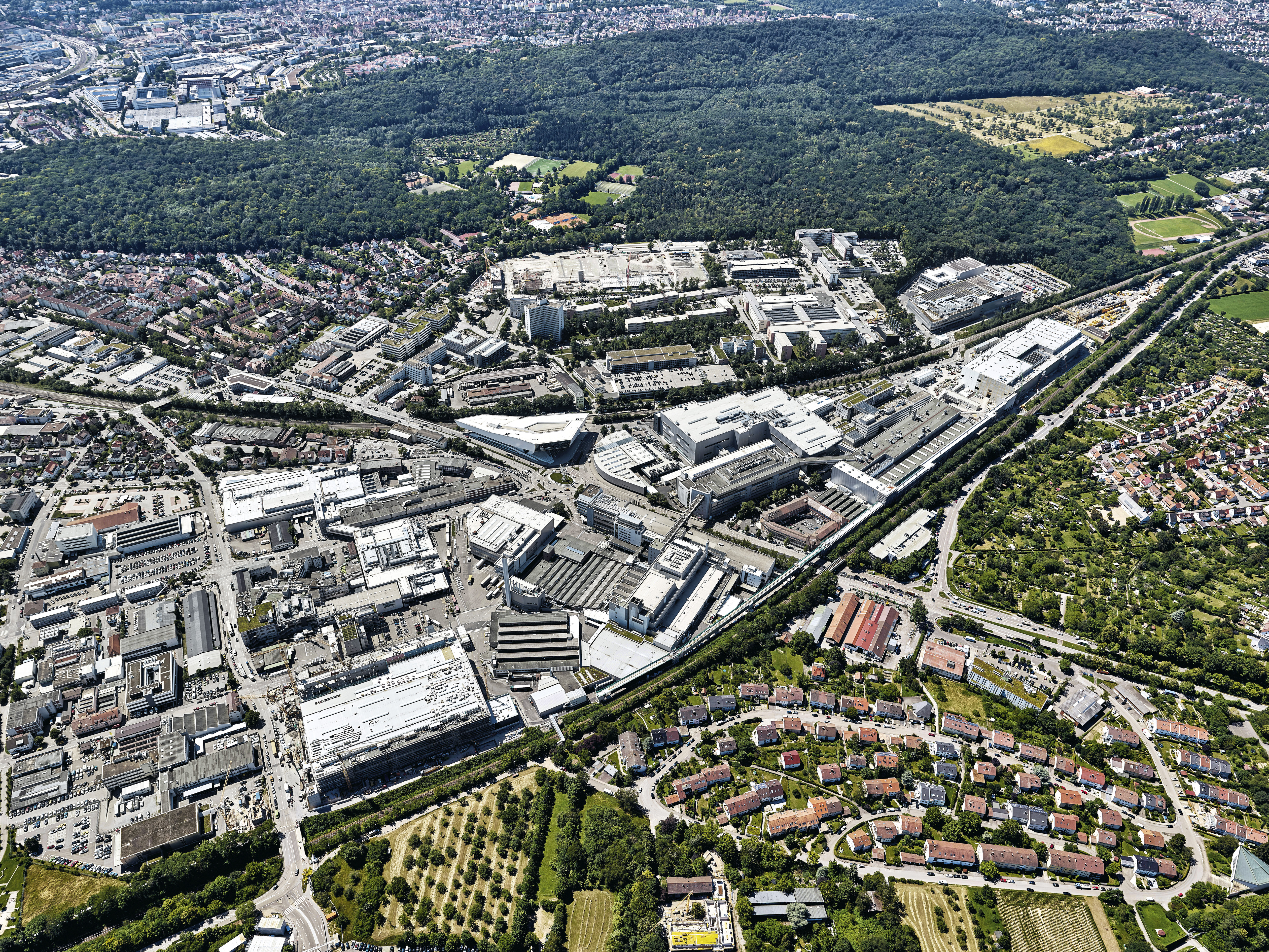 Aerial photograph of Porsche AG factory and HQ in Zuffenhausen
