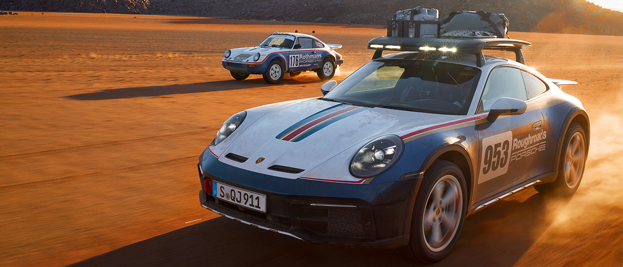 New Porsche 911 Dakar and classic 911 SC rally car