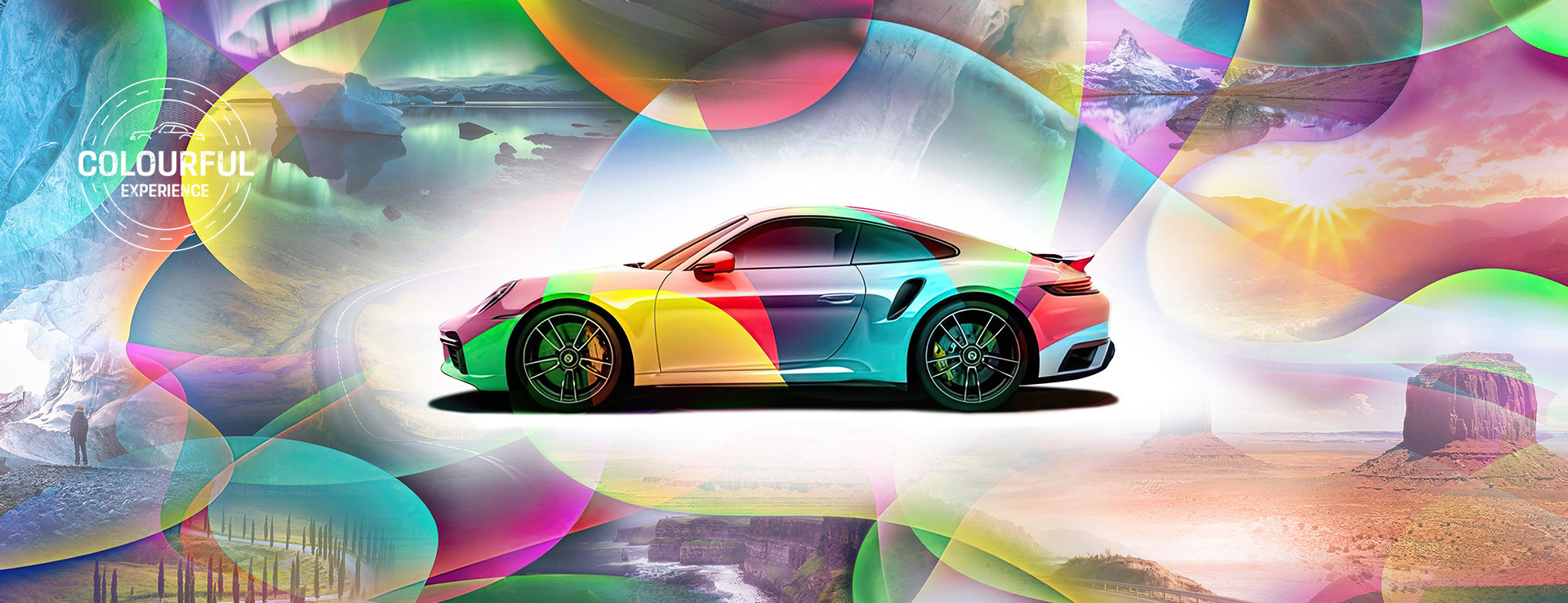 Porsche 911 in front of colourful collage of landscapes