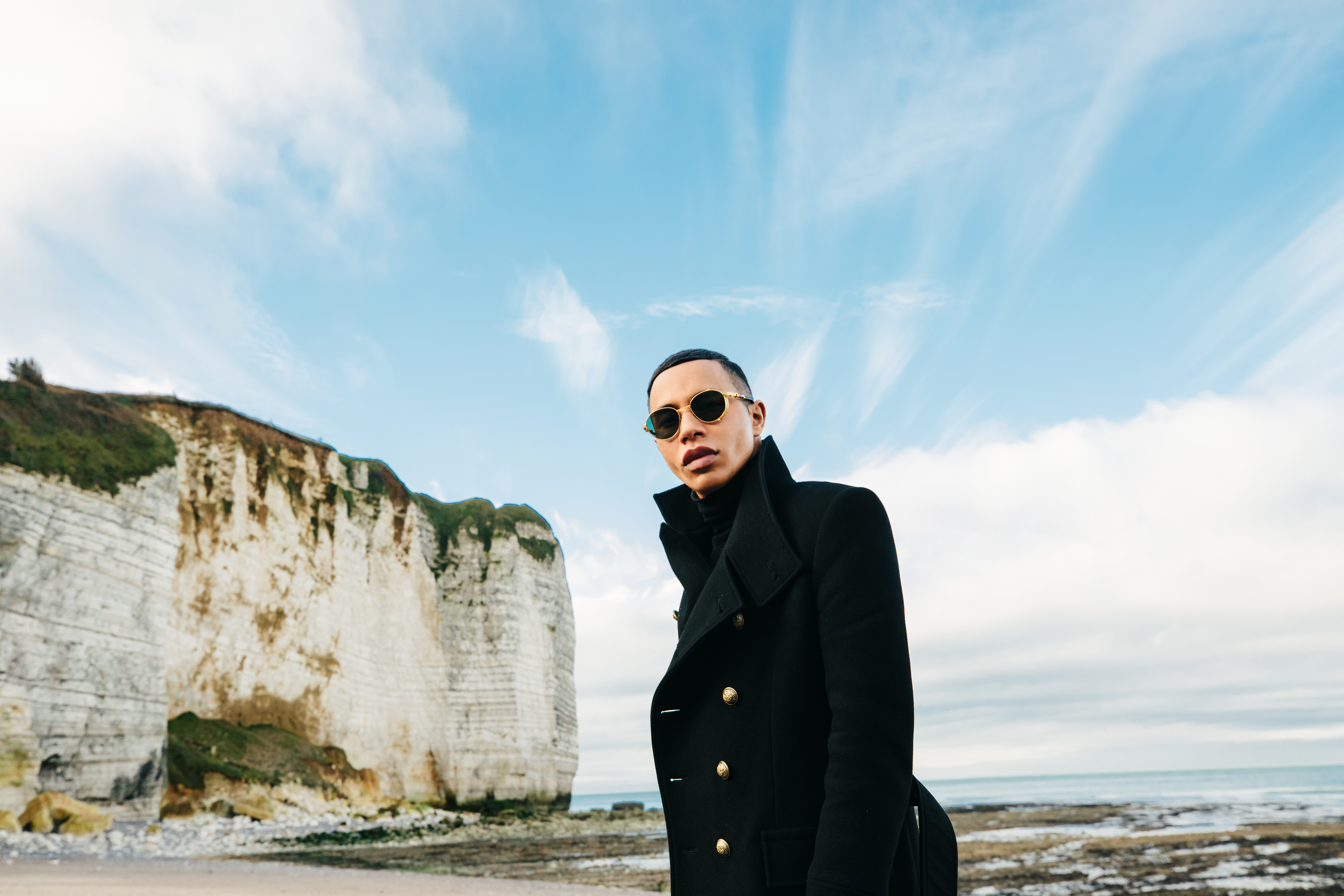 Olivier Rousteing on a beach in Normandy 