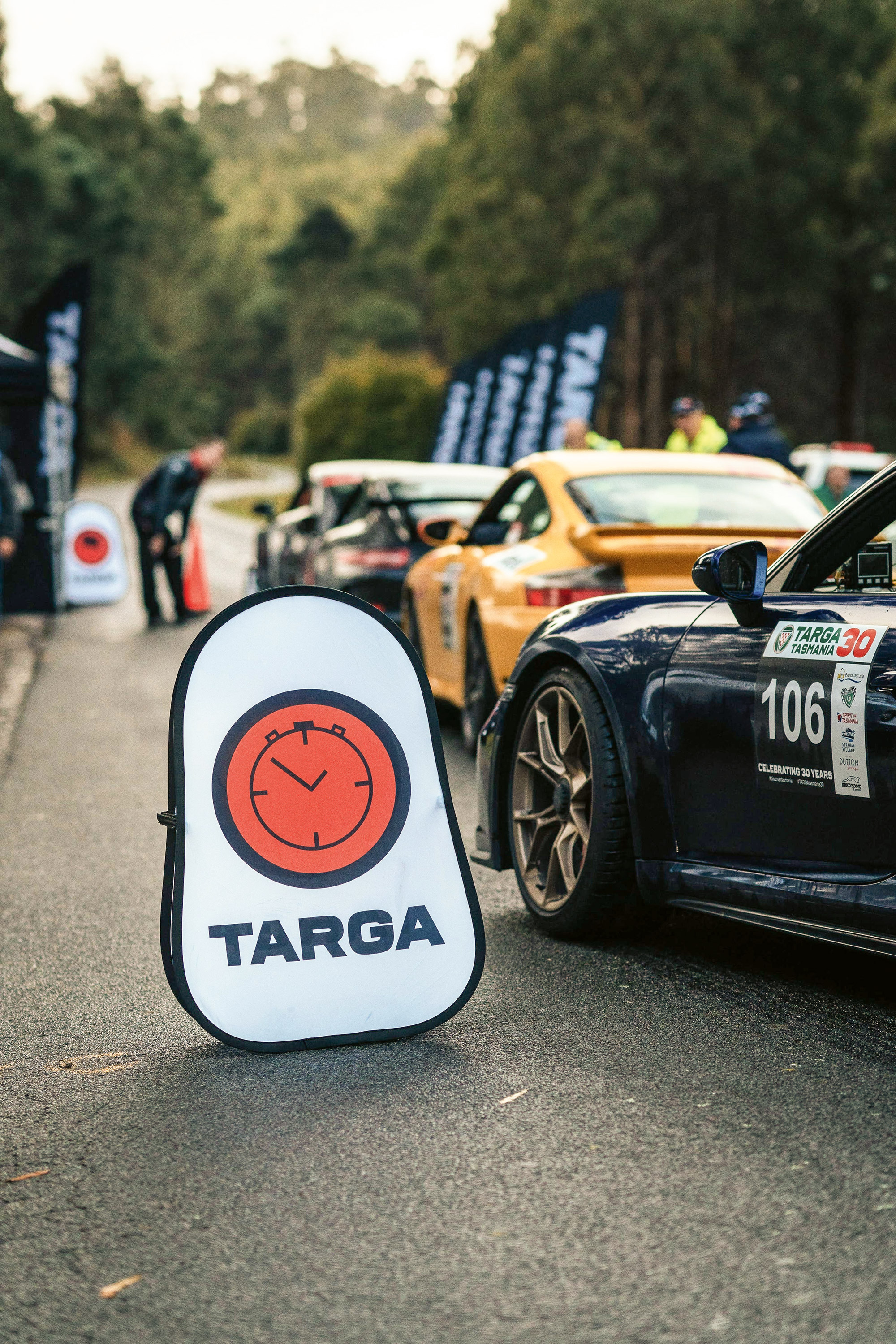 Information sign for stage timing on Porsche Targa Tasmania Tour