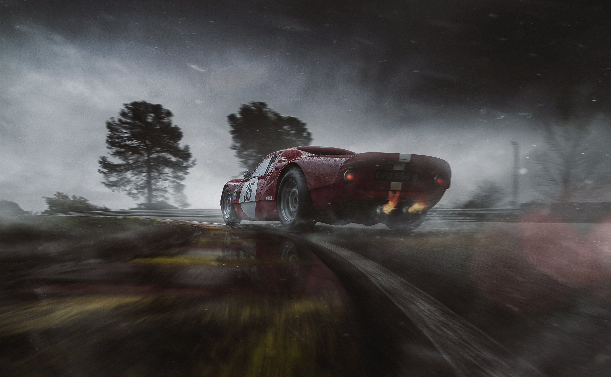 Photoshopped Porsche 904 in bad weather on racetrack