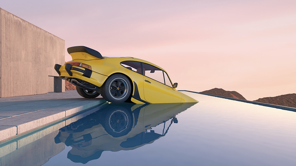 Digital art of yellow Porsche 911 submerged in swimming pool
