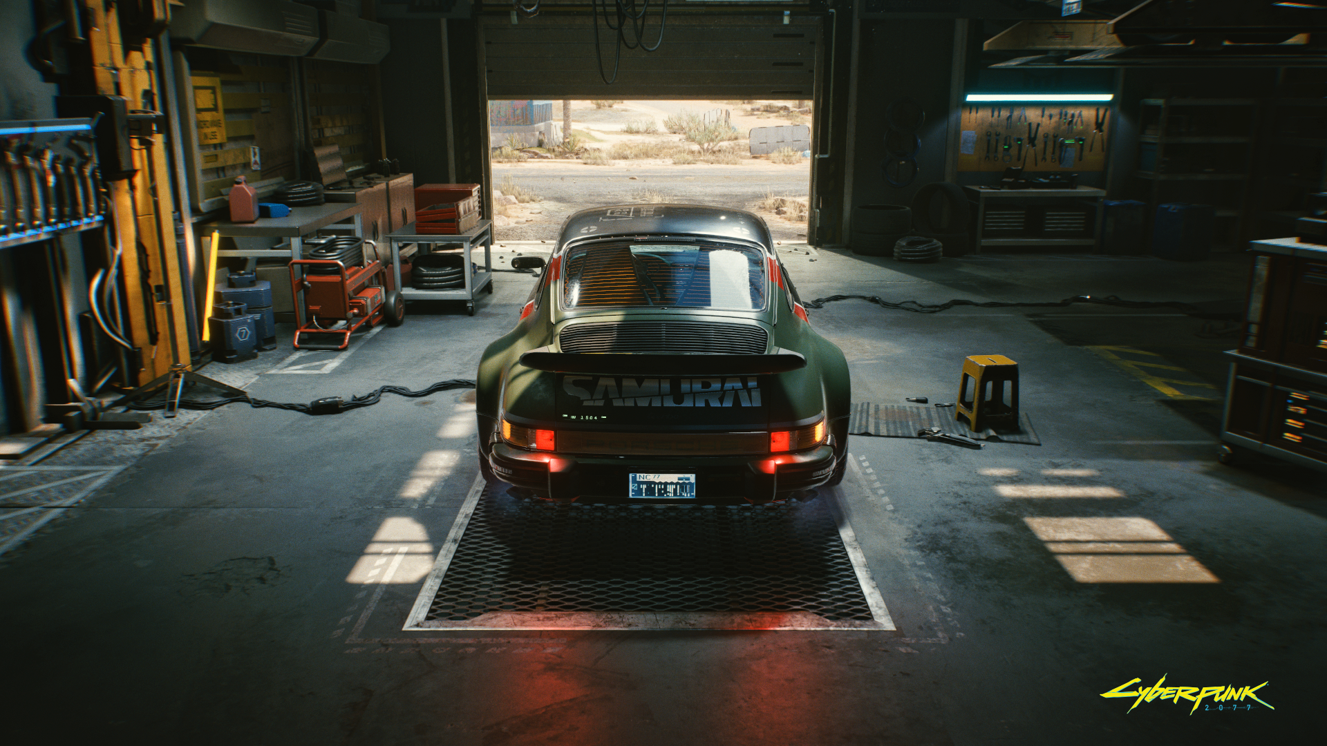 The Porsche 911 Turbo from Cyberpunk 2077 parked in a garage