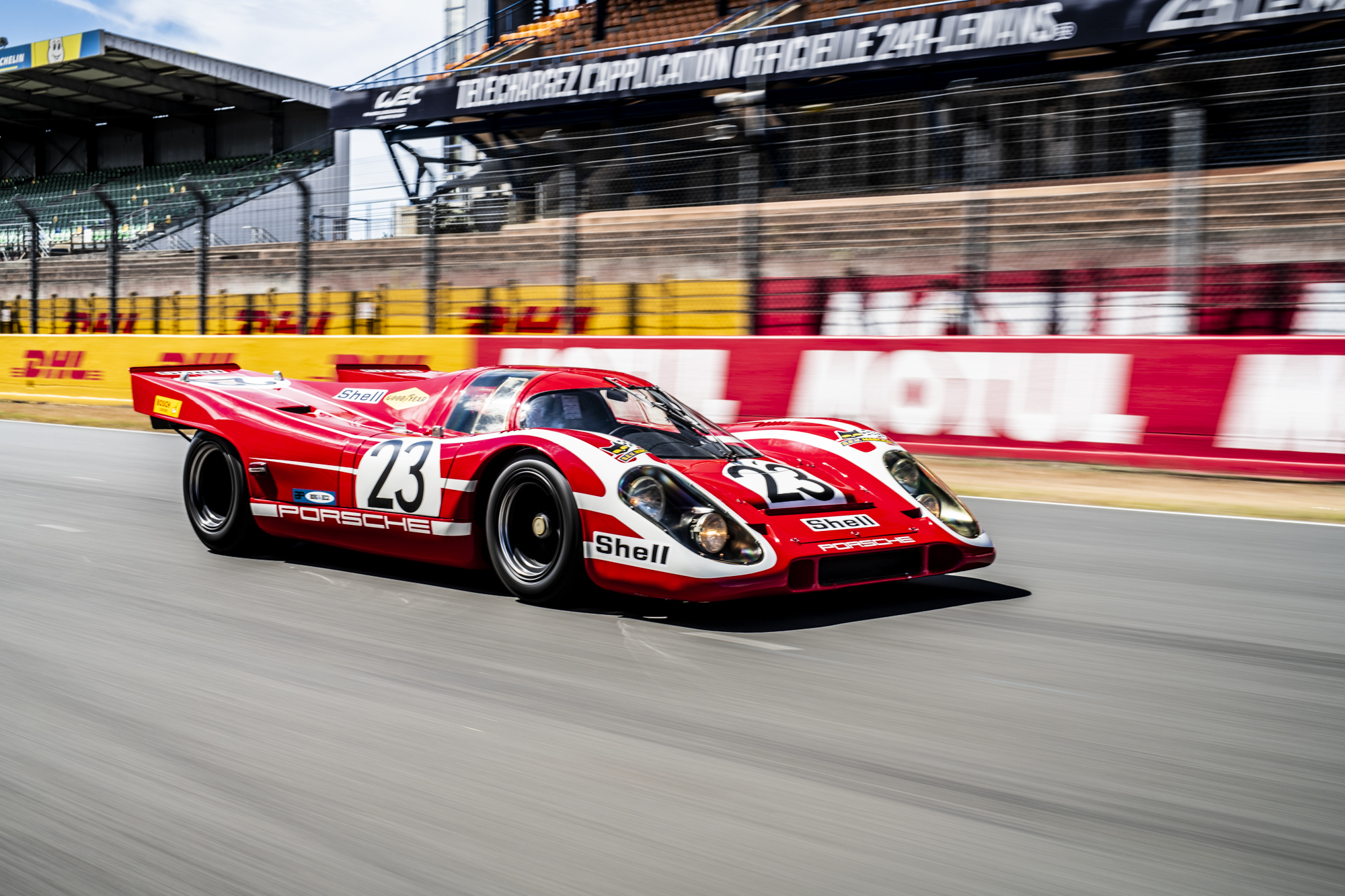 Red, white and black Porsche 917 at Le Mans