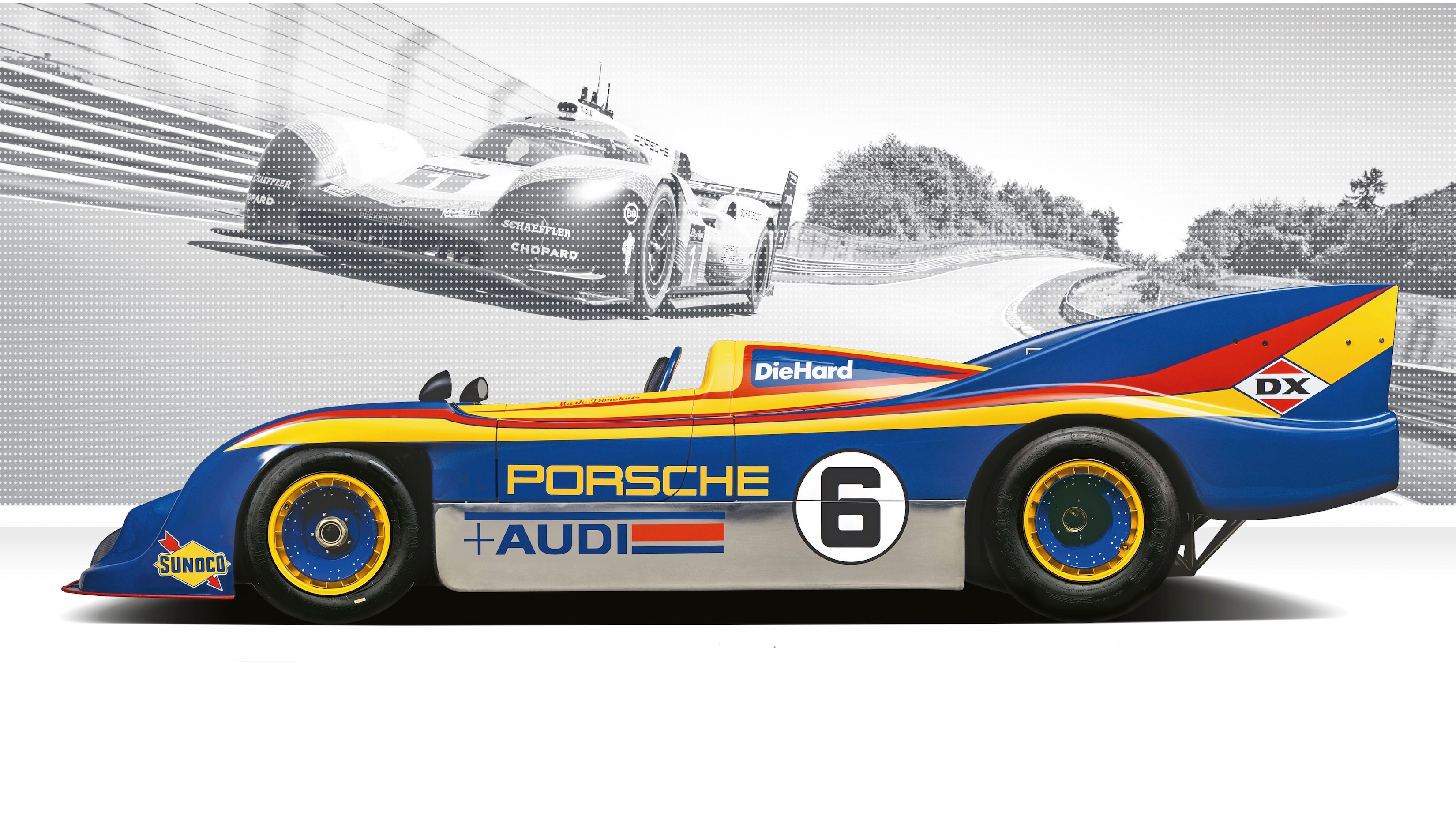 Blue, yellow and red Porsche 917/30 Can-Am race car