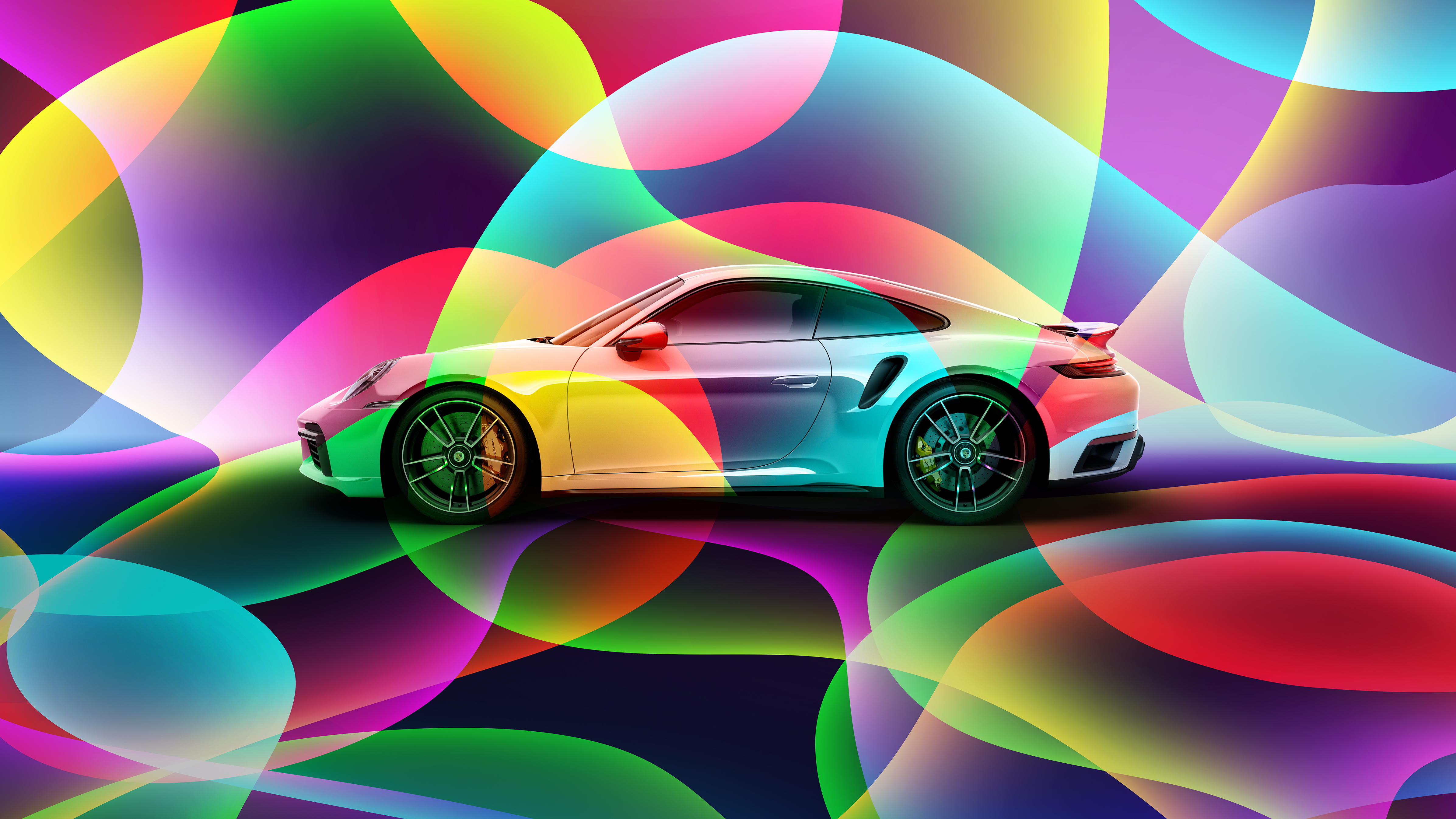 Side view of Porsche 911 with psychedelic, colourful pattern