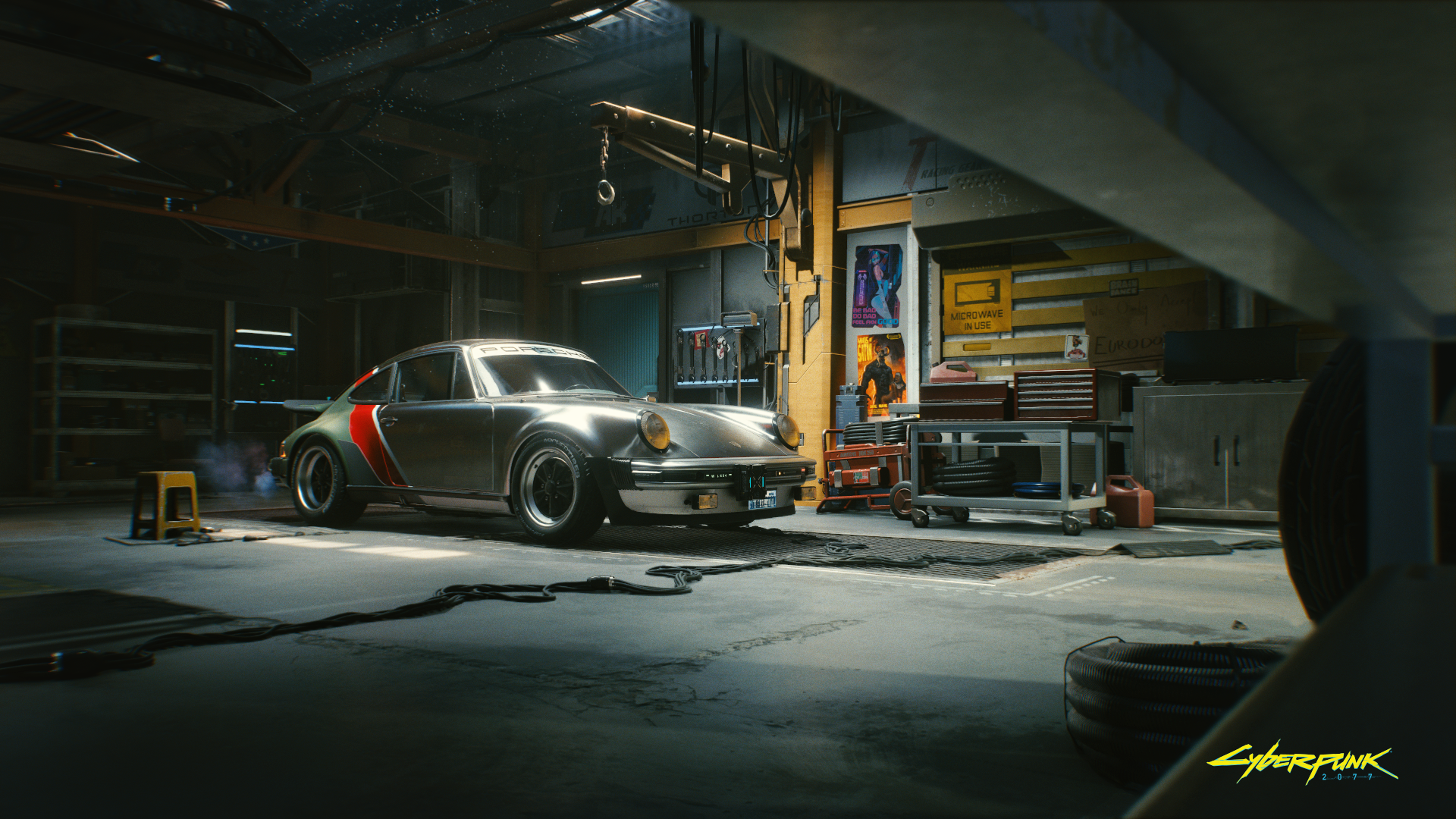 The Porsche 911 Turbo from Cyberpunk 2077 sitting in a garage
