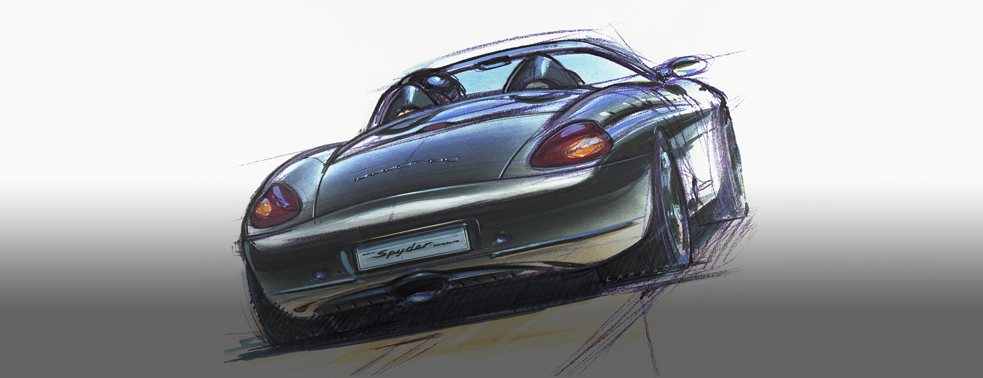 Colour pencil design sketch of rear view of Porsche Boxster