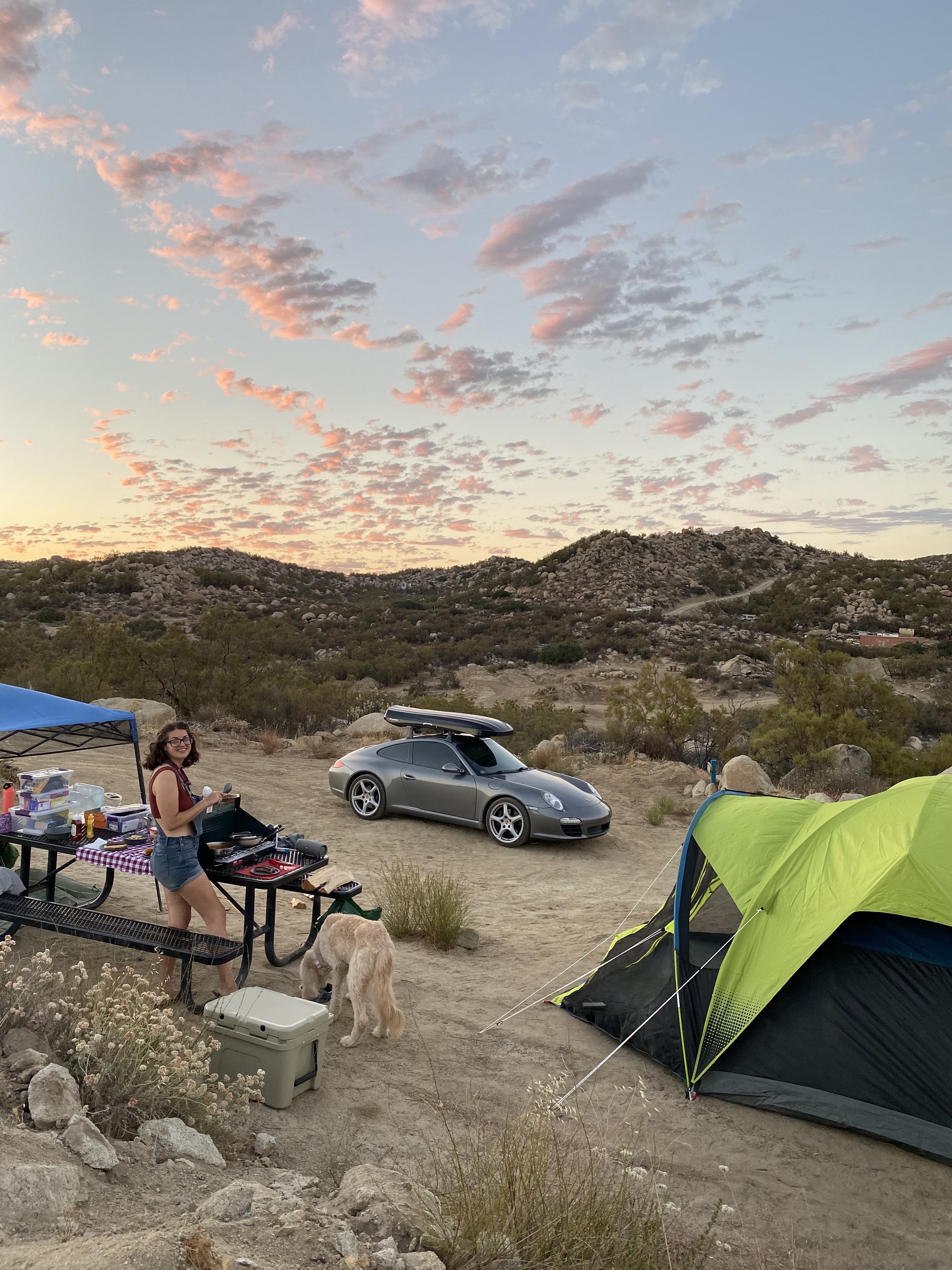 Woman and dog outdoors with tent, Porsche 911 in background