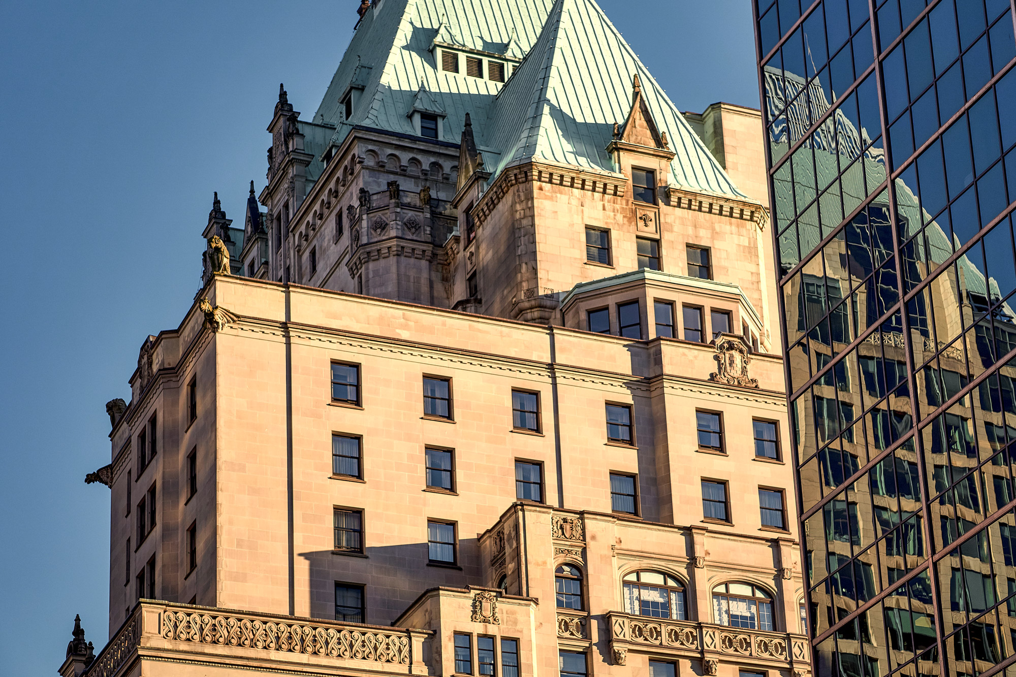 Closeup of the Fairmont Hotel, Vancouver, with its green copper roof