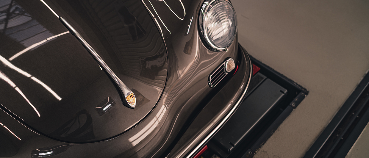 Close-up of bonnet of Porsche 356 restored a Porsche Classic