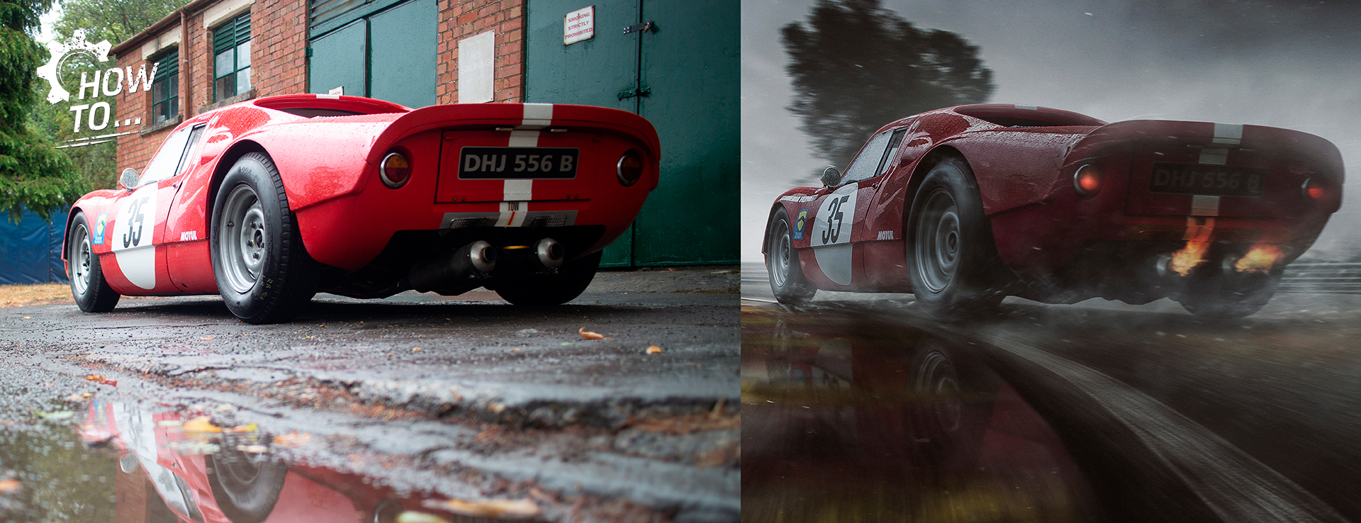 Digitally ehanced image of Porsche 904 on rainy racetrack