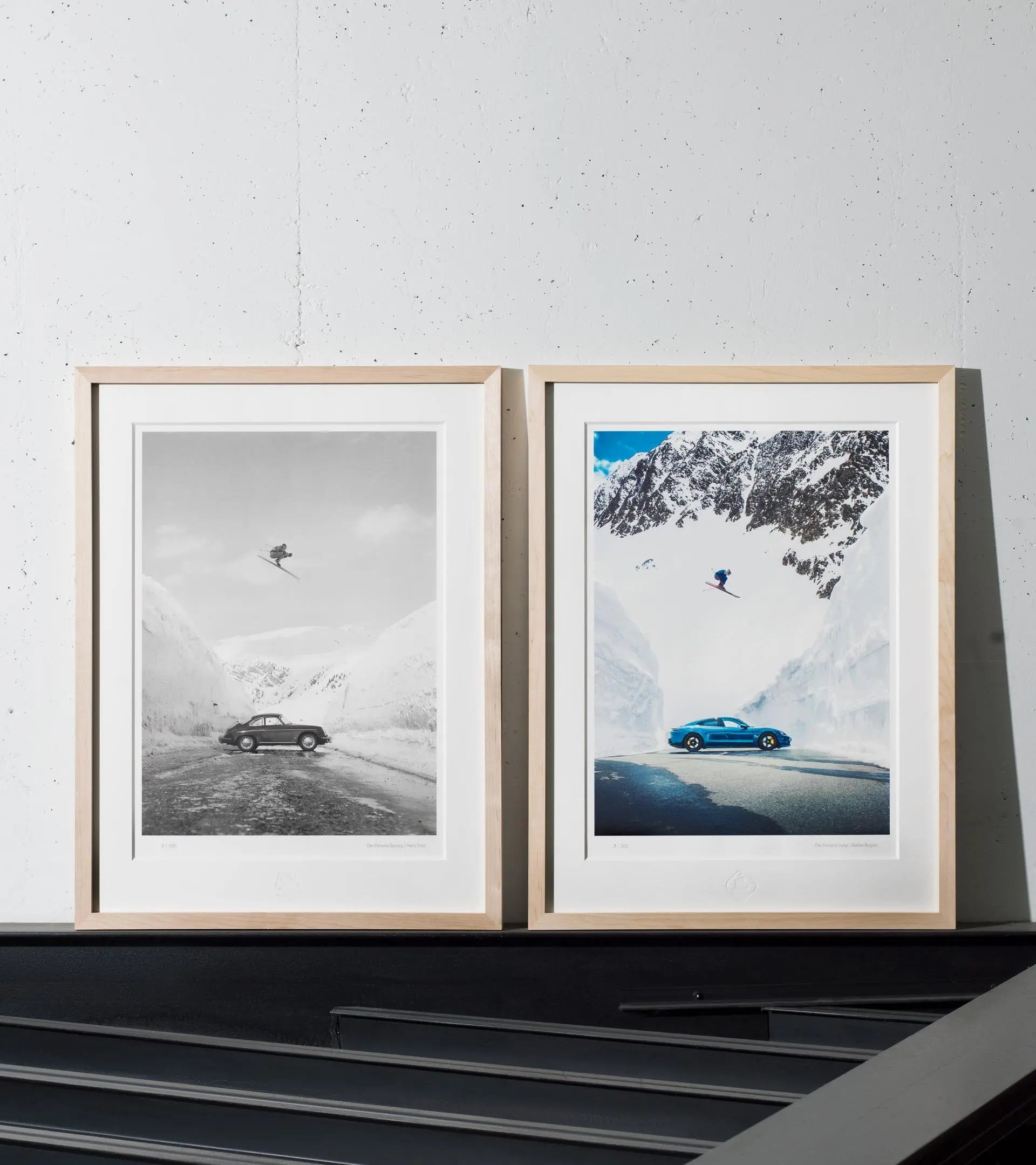 Two picture frames beside each other showing skier jumping over Porsche cars