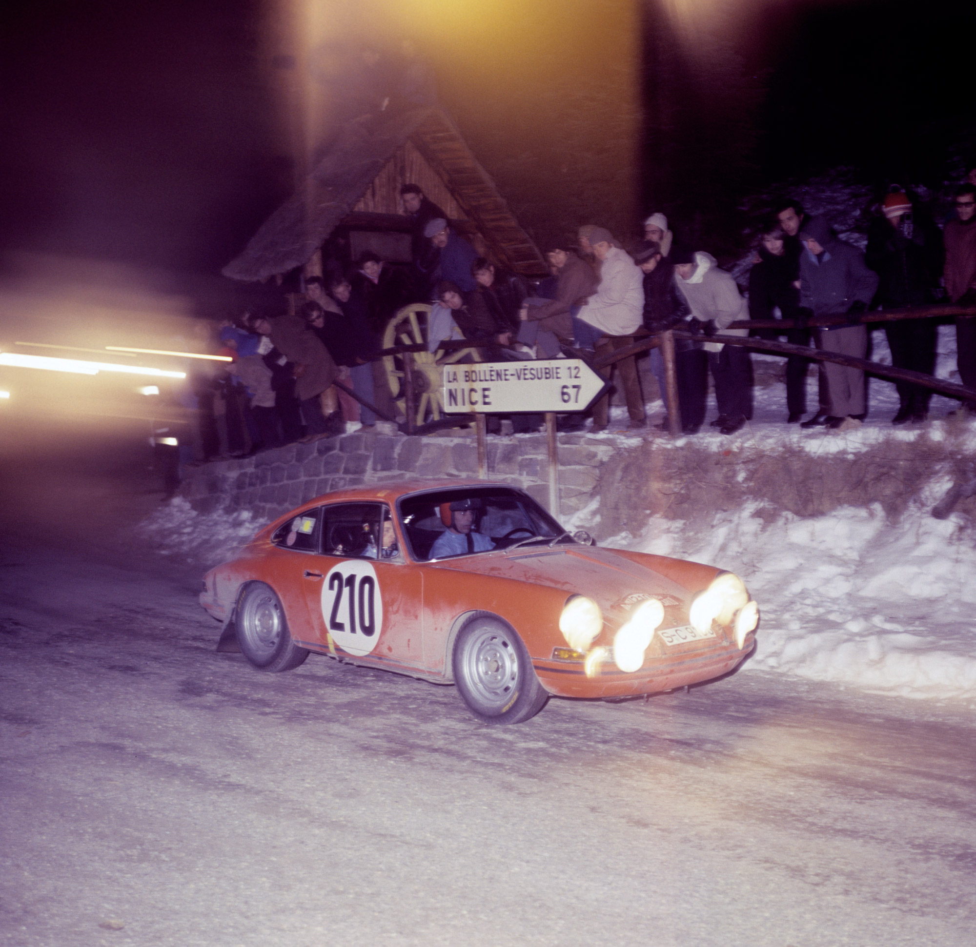 Red 911 in photo from 1968 Monte Carlo Rally