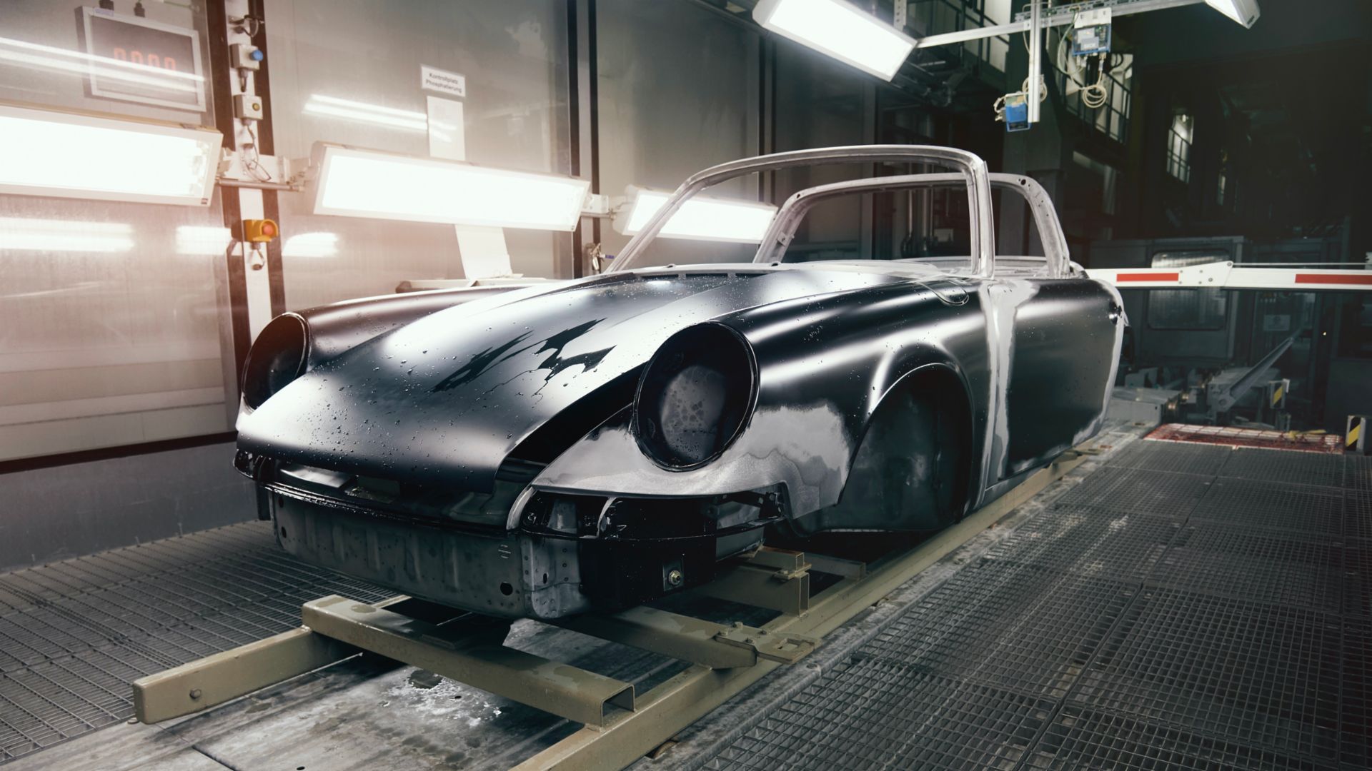 1972 Targa body shell in Porsche factory restoration workshop