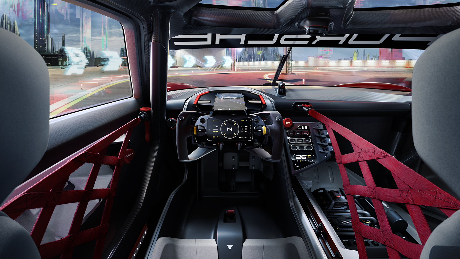 Inside Mission R concept racecar showing gamer-style steering wheel