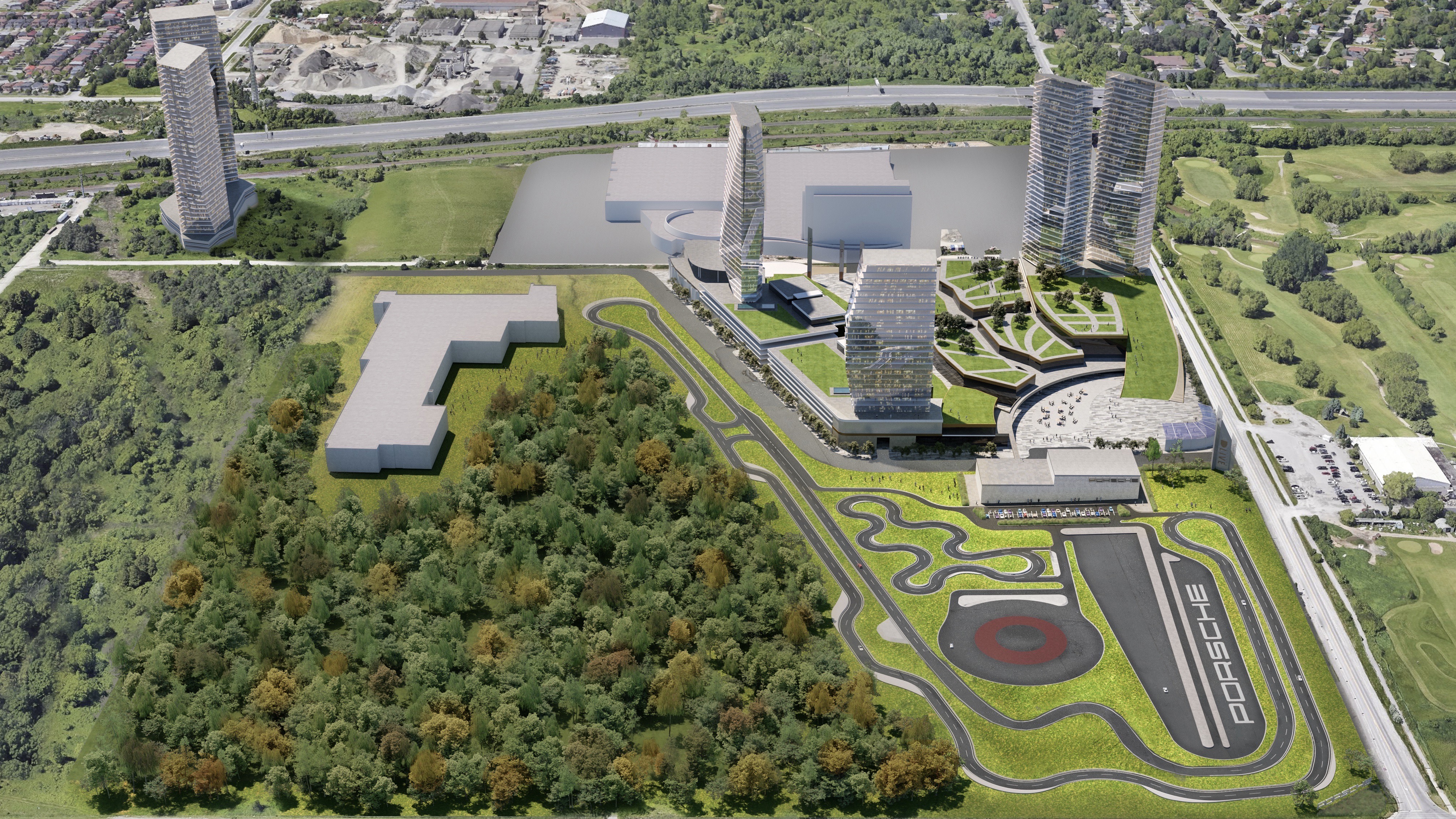 Computer-generated image of proposed Porsche Experience Center Toronto