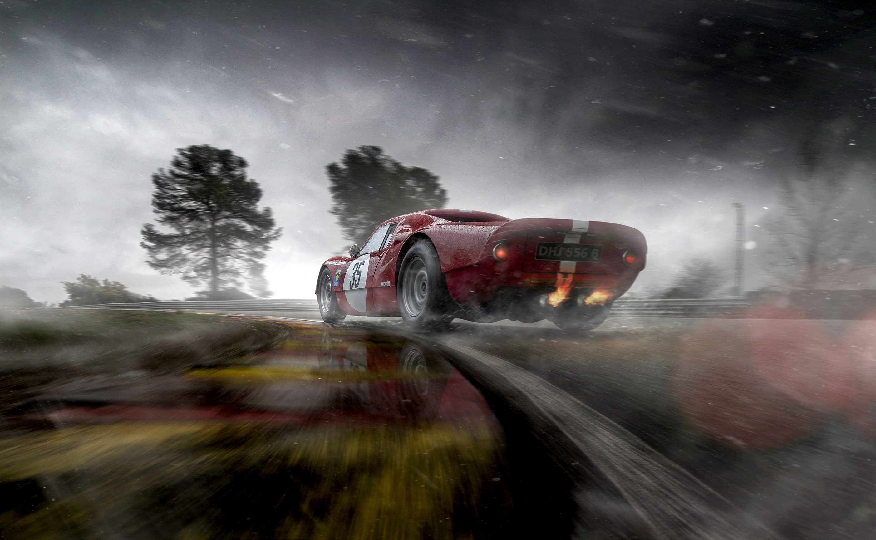 Photoshopped Porsche 904 in bad weather on racetrack