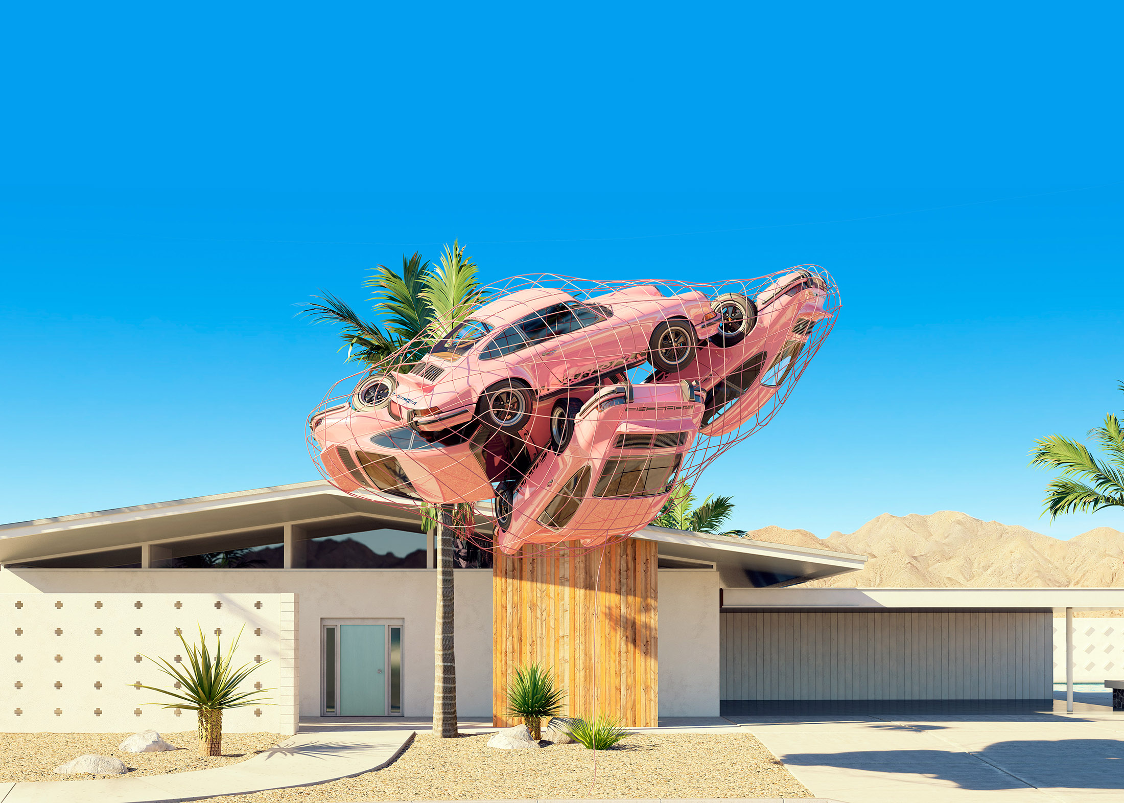 Digital art of Porsche cars in fishing net above house