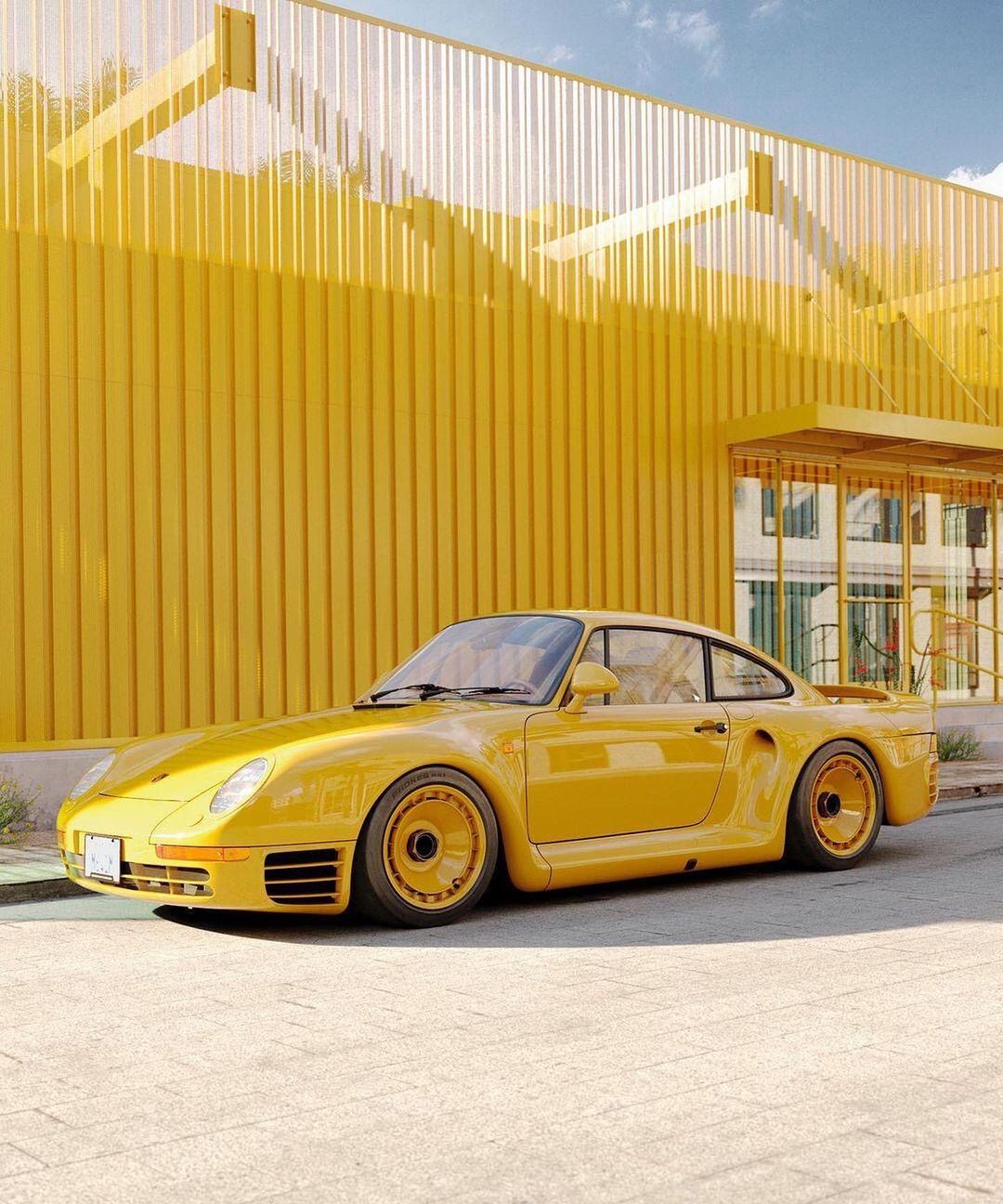 CGI Porsche 959 in yellow, building in matching colour behind