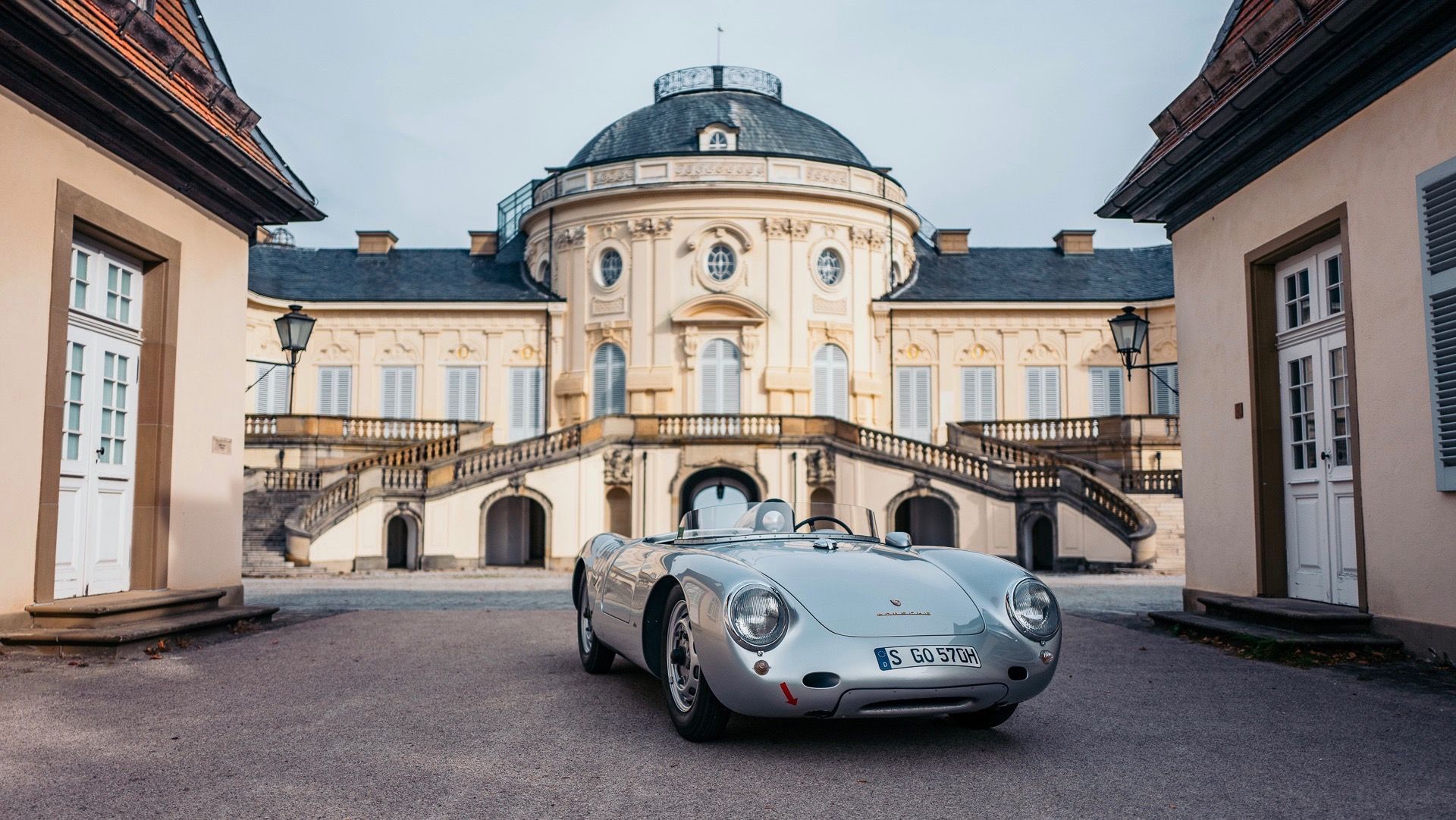 Silver Porsche 550 A Spyder outside Castle Solitude in Stuttgart
