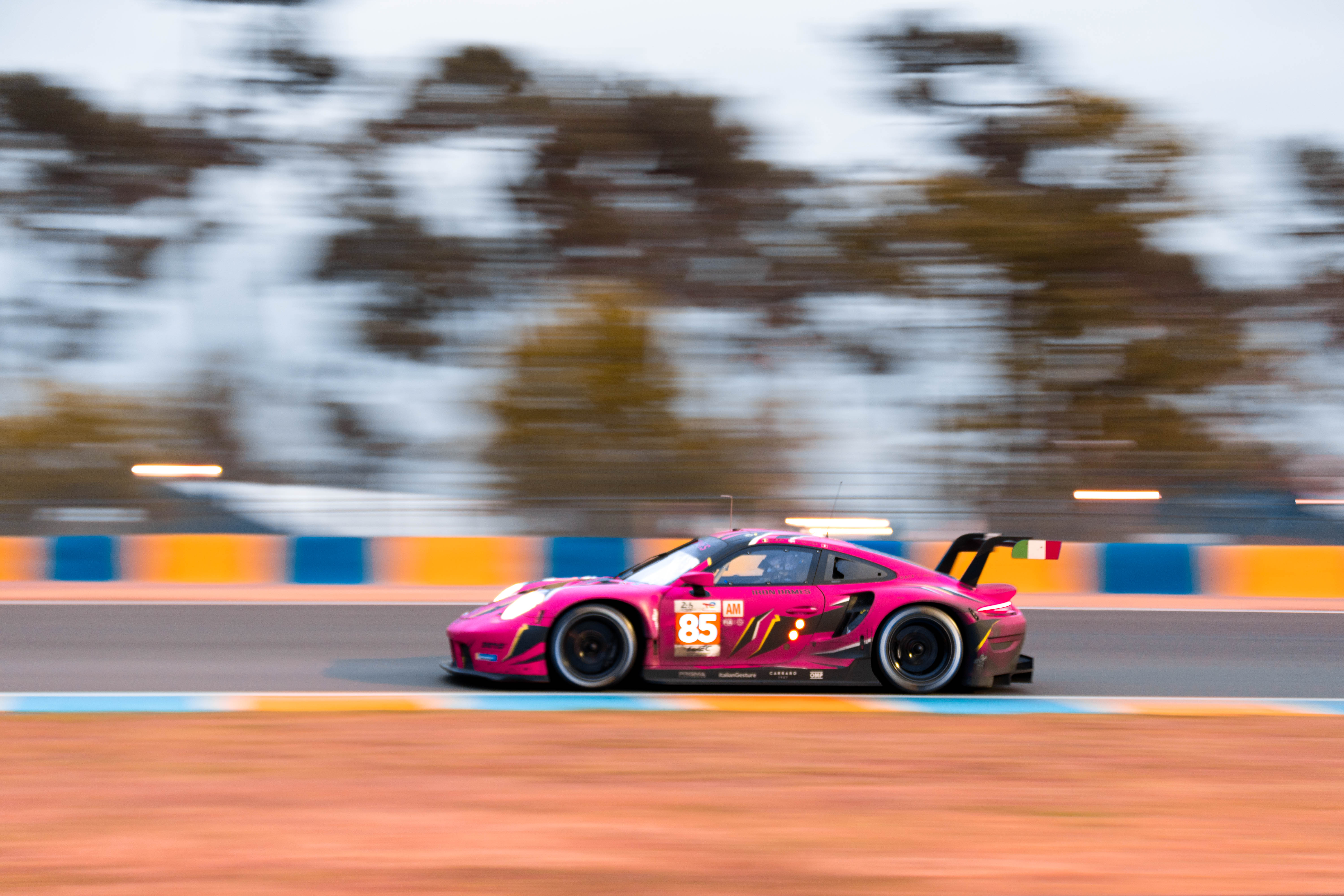 Pink Porsche 911 RSR Iron Dames racecar at Le Mans