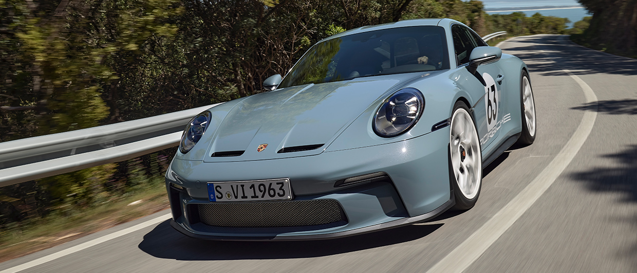 Porsche 911 S/T with Heritage Design Package cornering on road