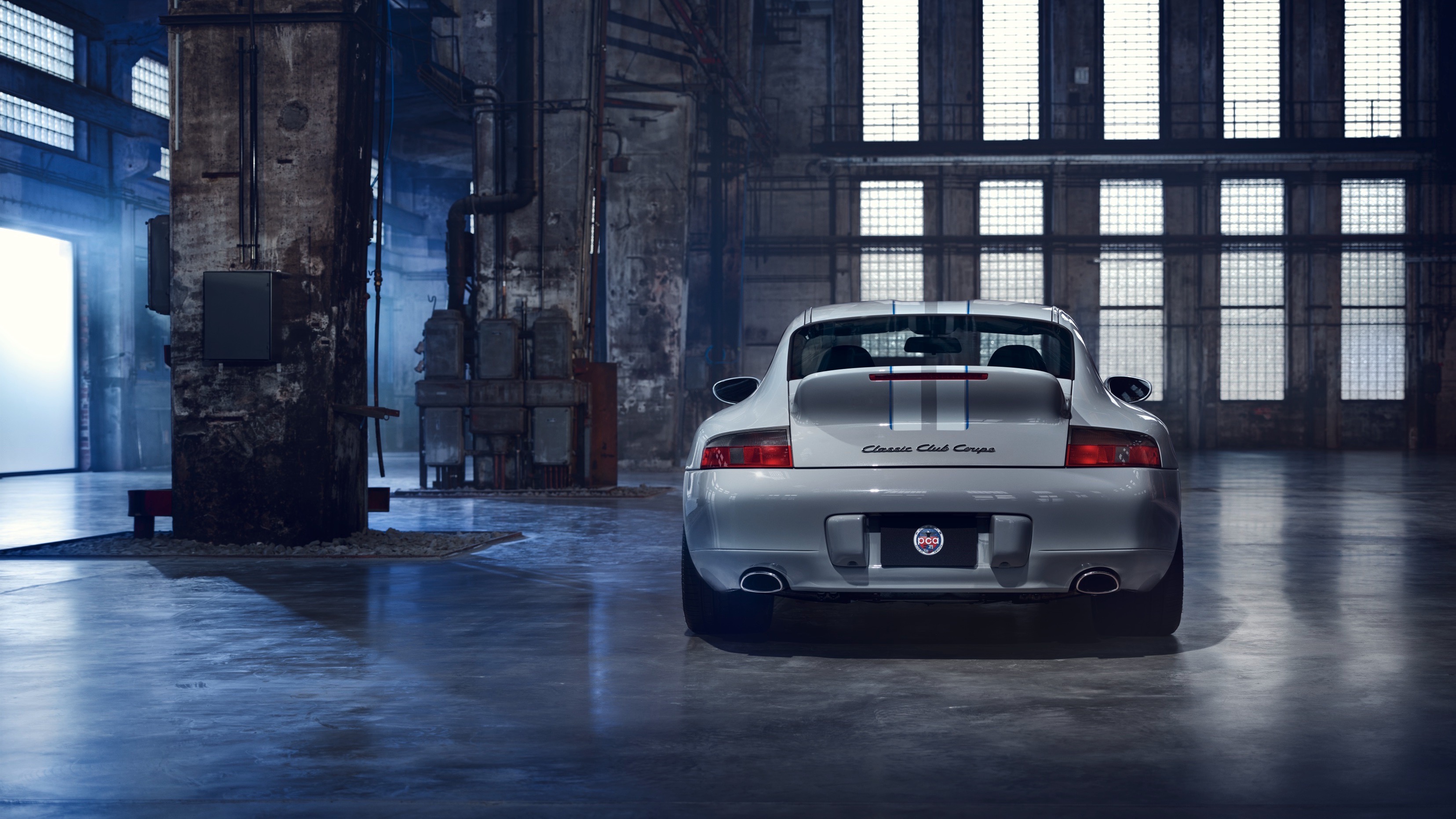 911 Classic Club Coupe rear view in industrial building scene