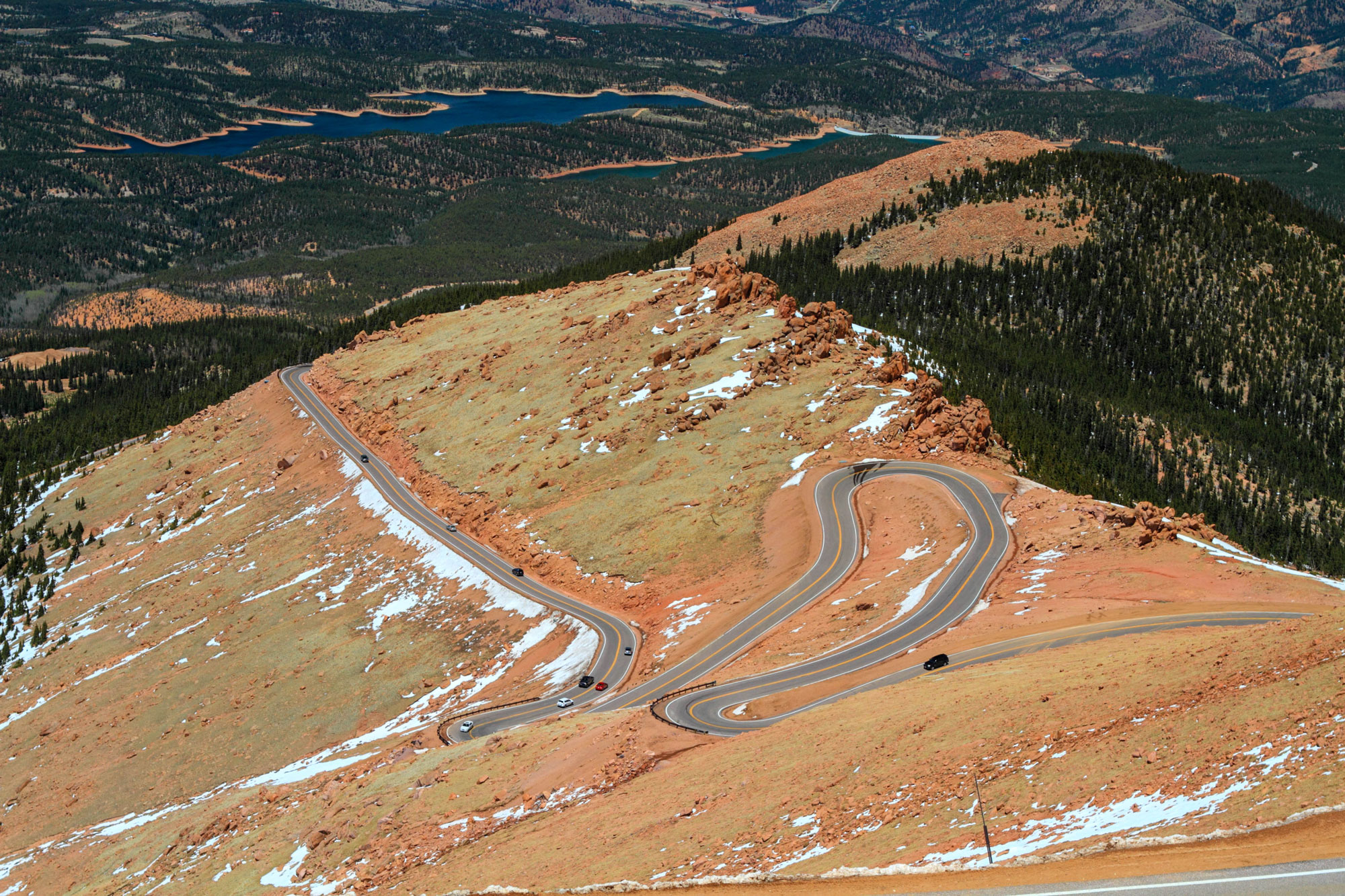 Switchback roads in a mountain landscape