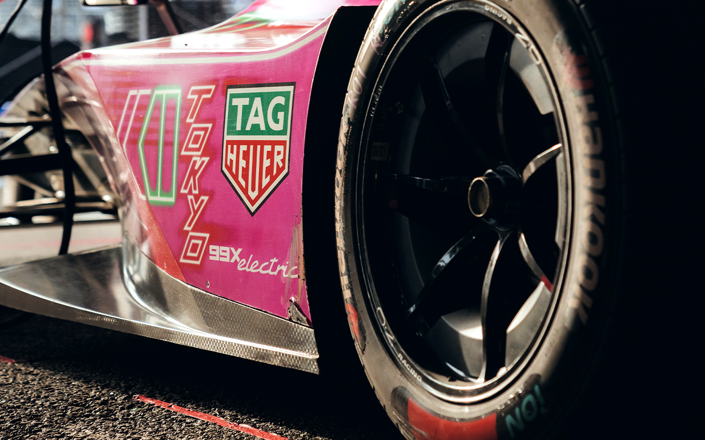 Close-up of TAG Heuer Porsche 99X Electric rear wheel