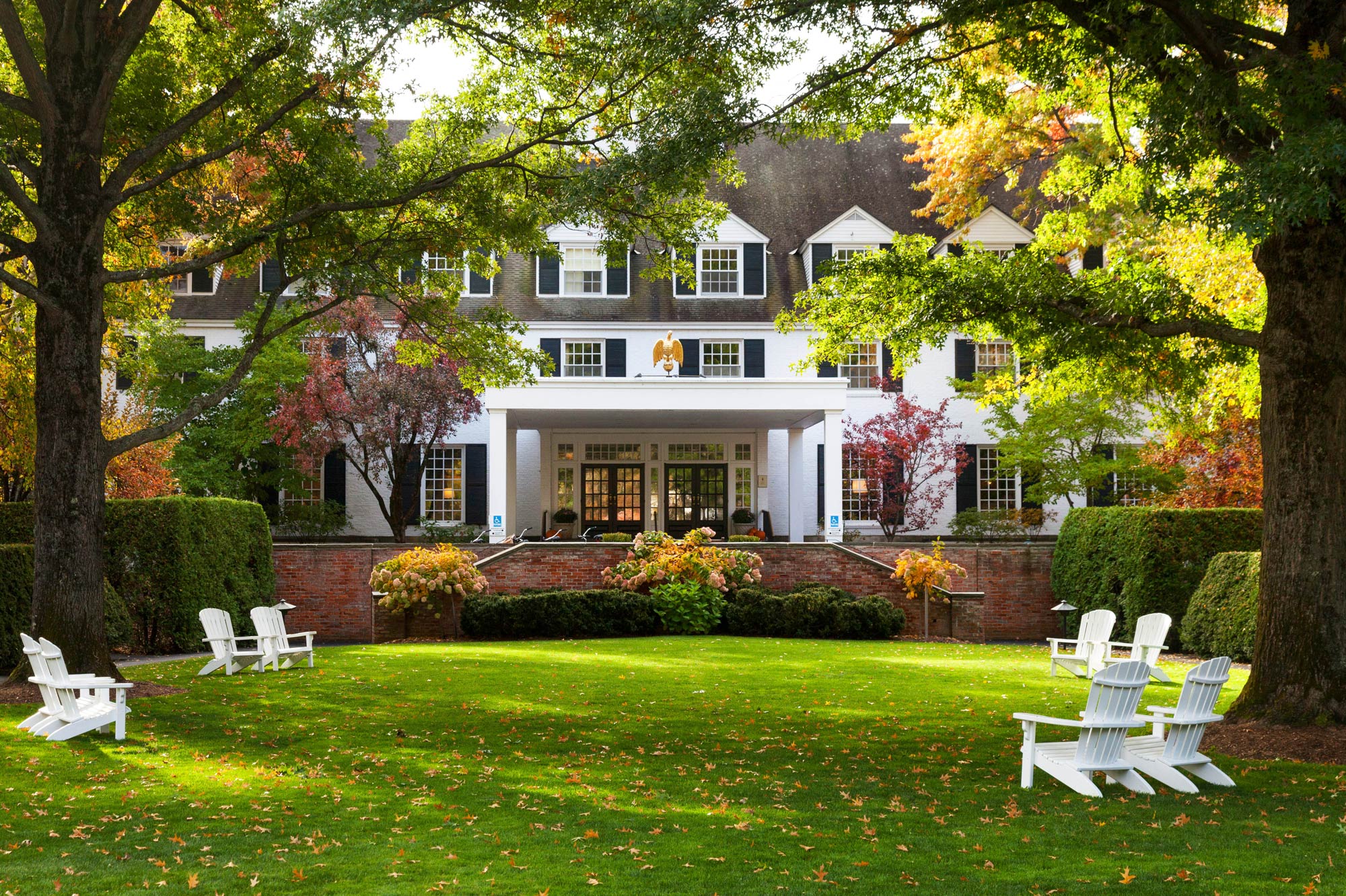 Exterior view of an elegant hotel in autumn
