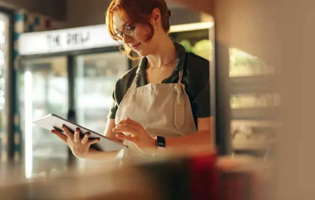 Woman with apron working on an ipad in a shop environment