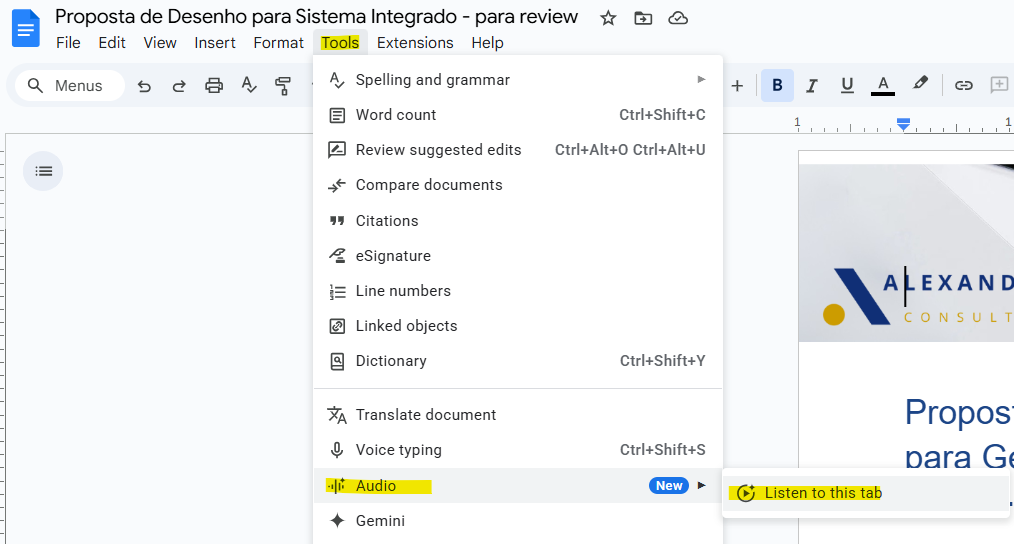 Opção para ouvir documento em Google Docs