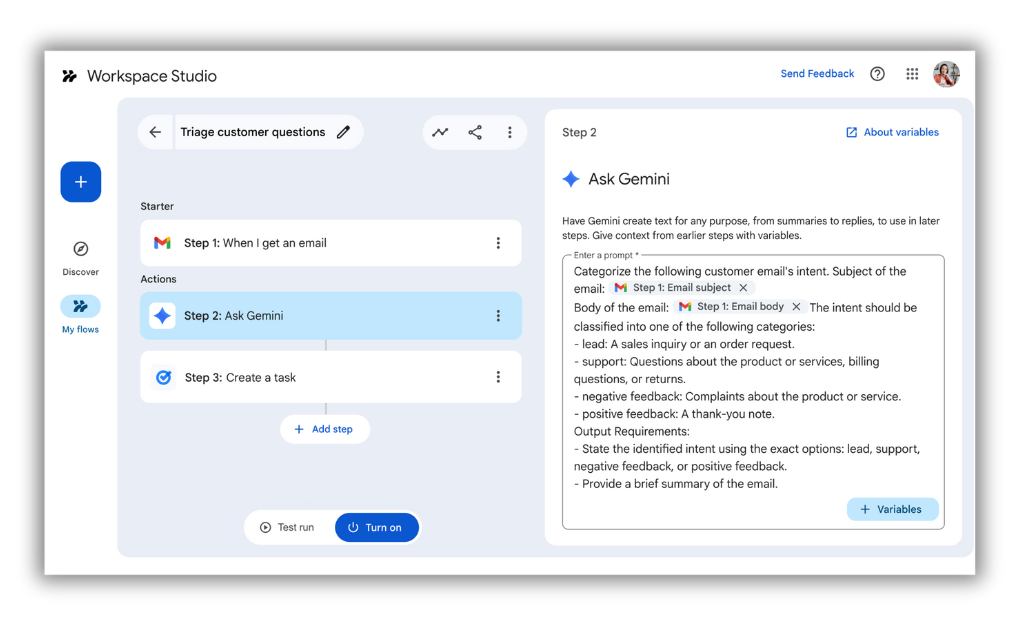 Exemplo de fluxo em Google Workspace Studio