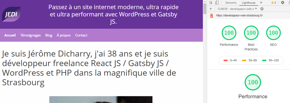 100% sur Lighthouse sur mon portfolio