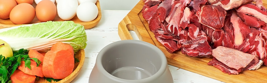 Zutaten fürs BARFen: Rohes Fleisch, Gemüse, Eier