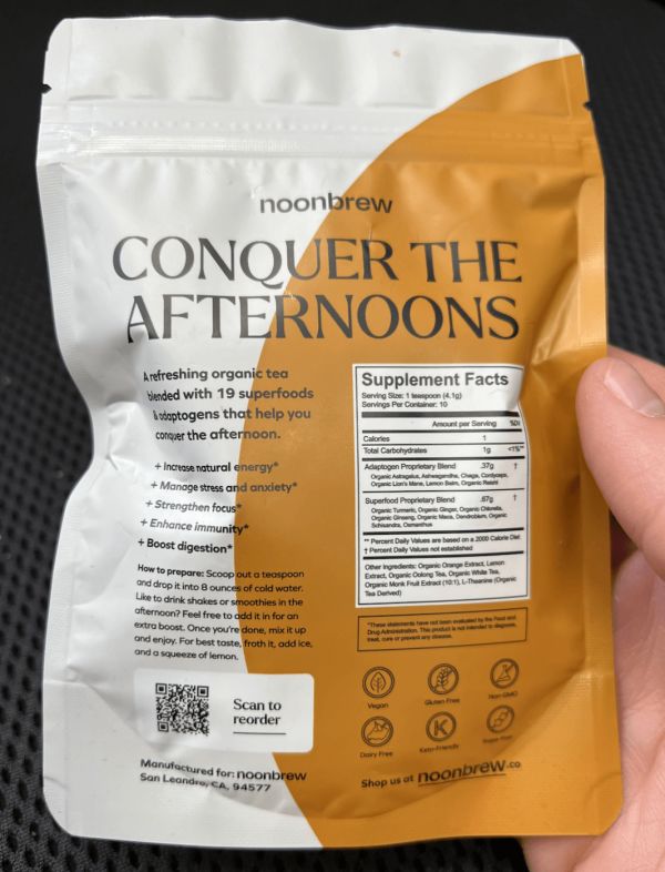 NoonBrew packaging with a Batch QR code.