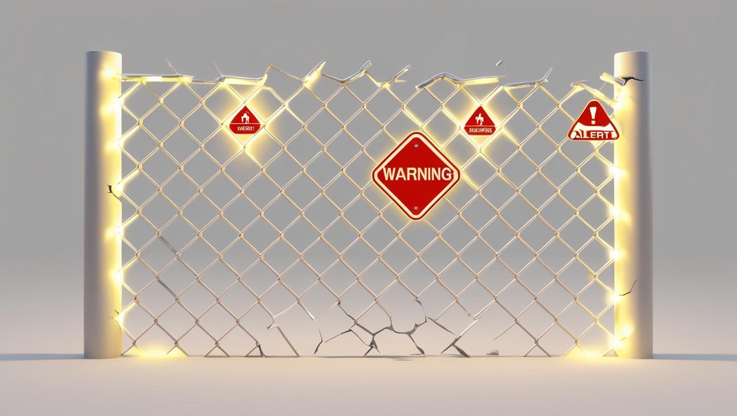 A cracked chain link with warning signs and alert symbols, showing vulnerability and potential attacks on blockchain systems in a light style, no more element, 3D style.jpg