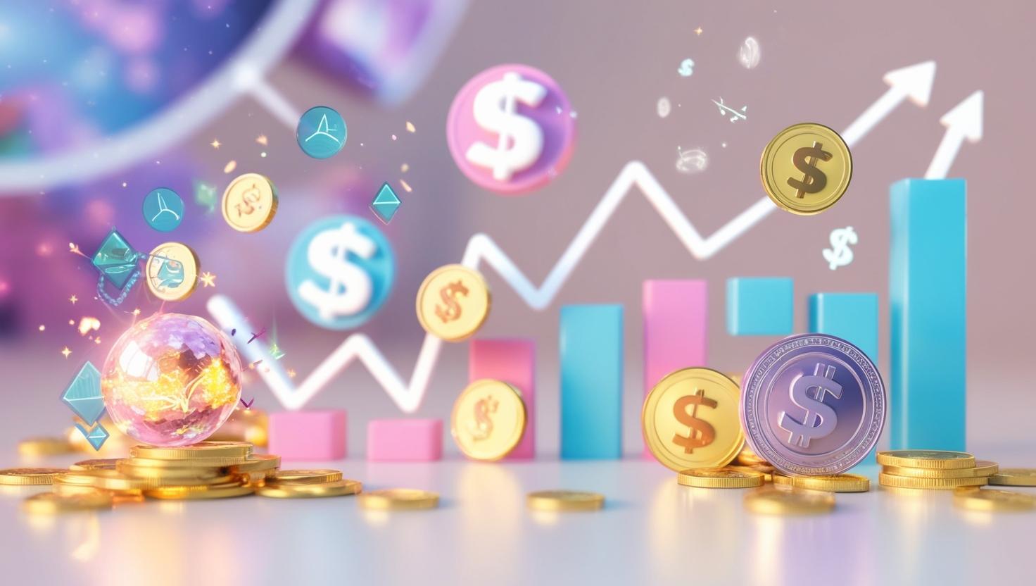 3D Background featuring a combination of gaming elements (e.g., virtual worlds, coins, tokens) and financial symbols (e.g., charts, graphs, dollar signs) in a light style, no more element, no text (2).jpg