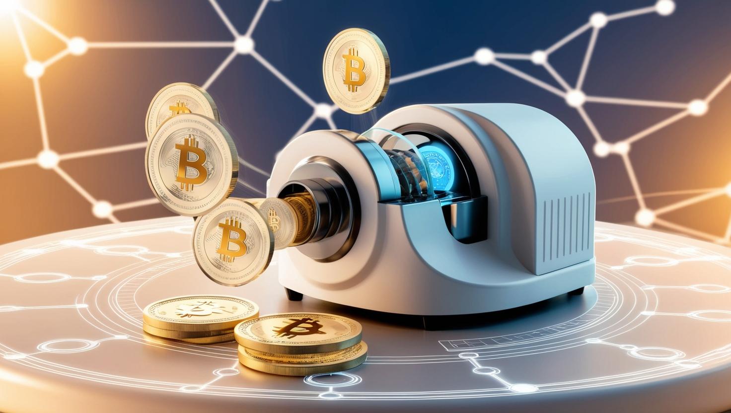 3D minting machine creating crypto tokens and stablecoins, with blockchain background and tokens transferring in a light style, no more element, no text.jpg