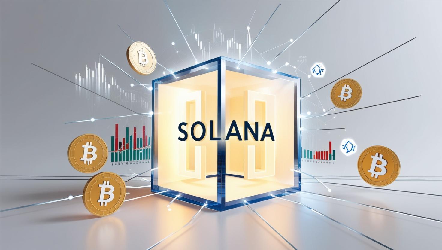 A 3D Solana logo inside an ETF financial cube, with blockchain connections, stock market charts, and crypto symbols around in a light style, no more element.jpg