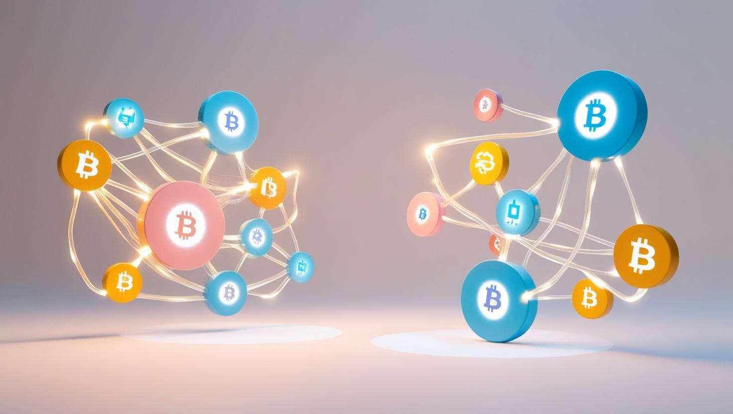 3D  Glowing Web3 and Web2 worlds merging, blockchain nodes and traditional web icons intertwining  in  a light style, no more element, no word.jpg