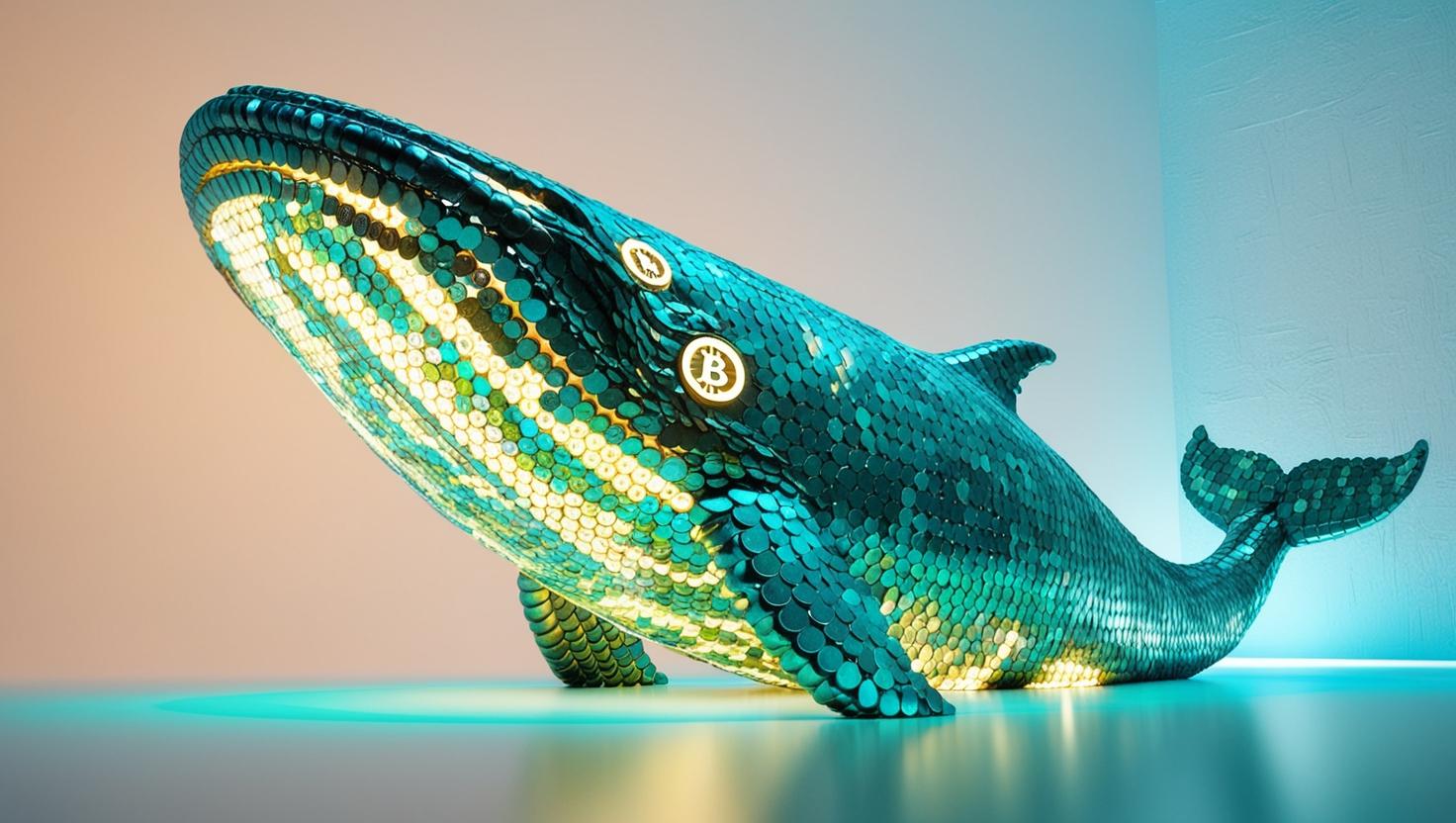 3D Giant whale made of glowing cryptocurrency coins in a light style, no more element, no word.jpg